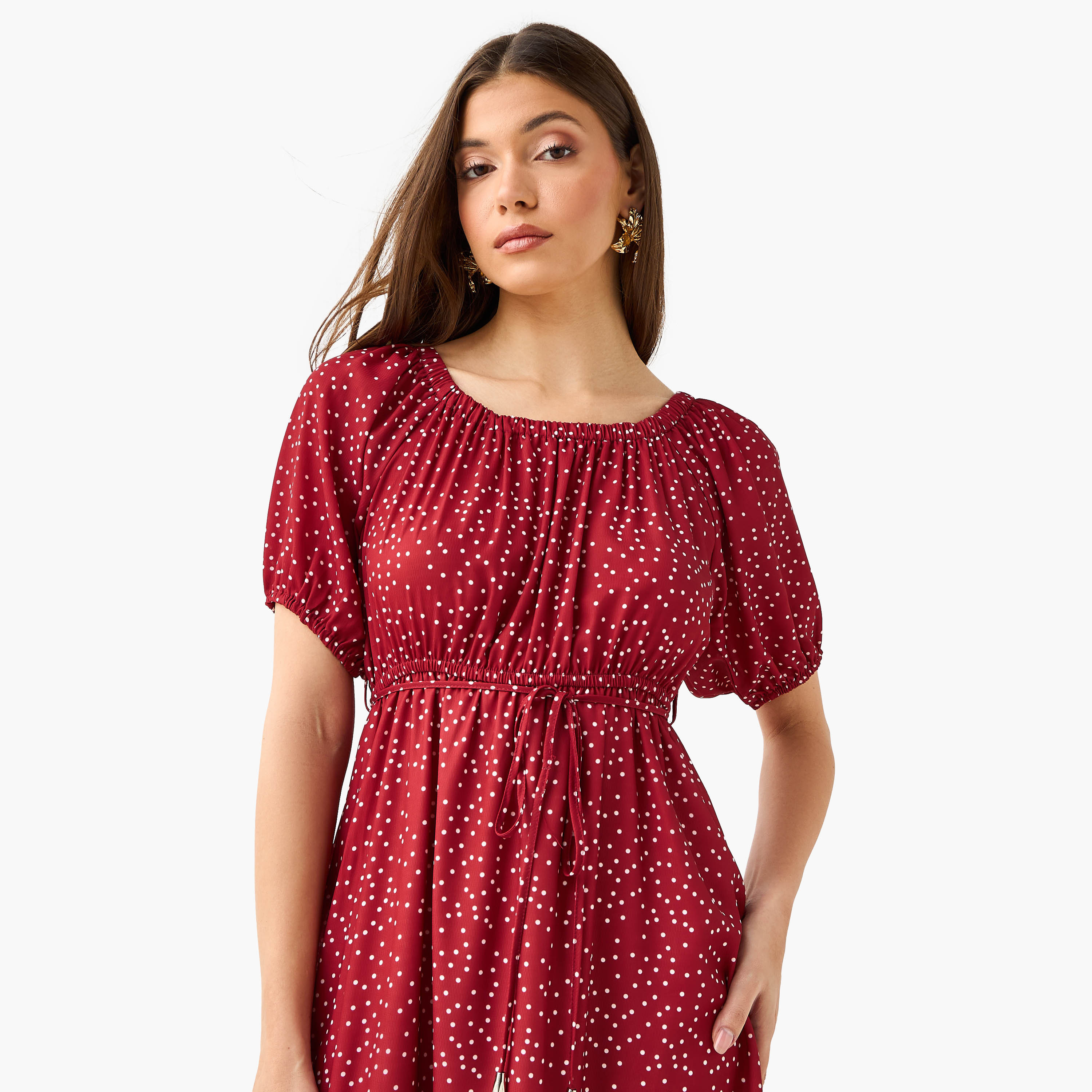 Polka Dot Print Off Shoulder Women Dress with Tie-Ups-women-clothing-dresses-image-4