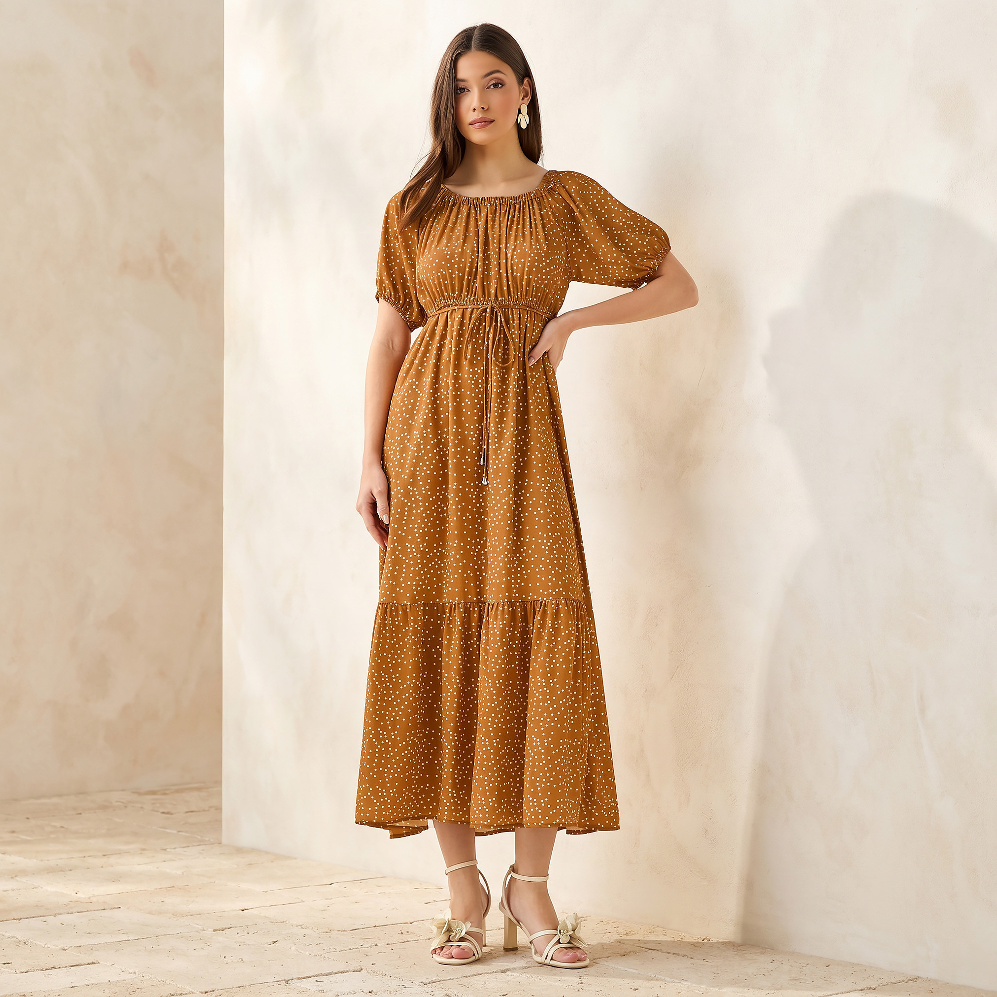 Polka Dot Print Off Shoulder Women Dress with Tie-Ups-women-clothing-dresses-image-1