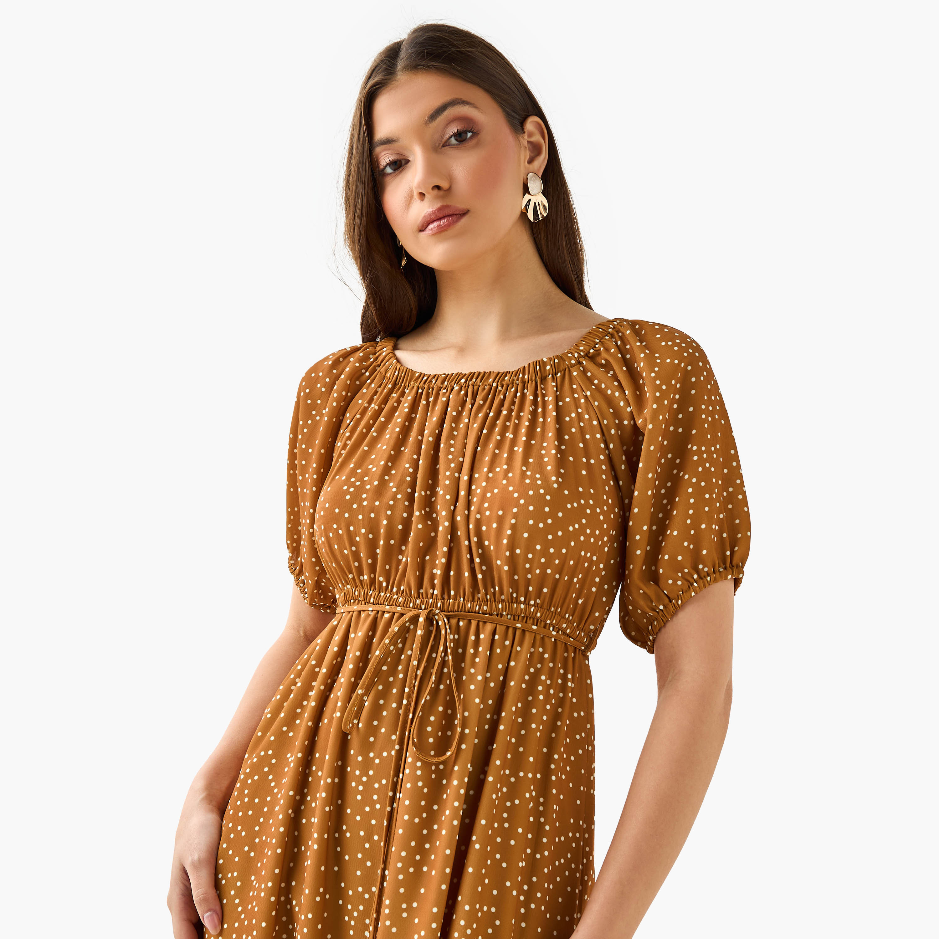 Polka Dot Print Off Shoulder Women Dress with Tie-Ups-women-clothing-dresses-image-5