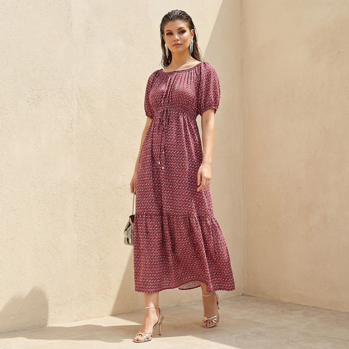 Cassie Geometric Print Off Shoulder Women Dress with Tie-Ups-women-clothing-dresses-image-1