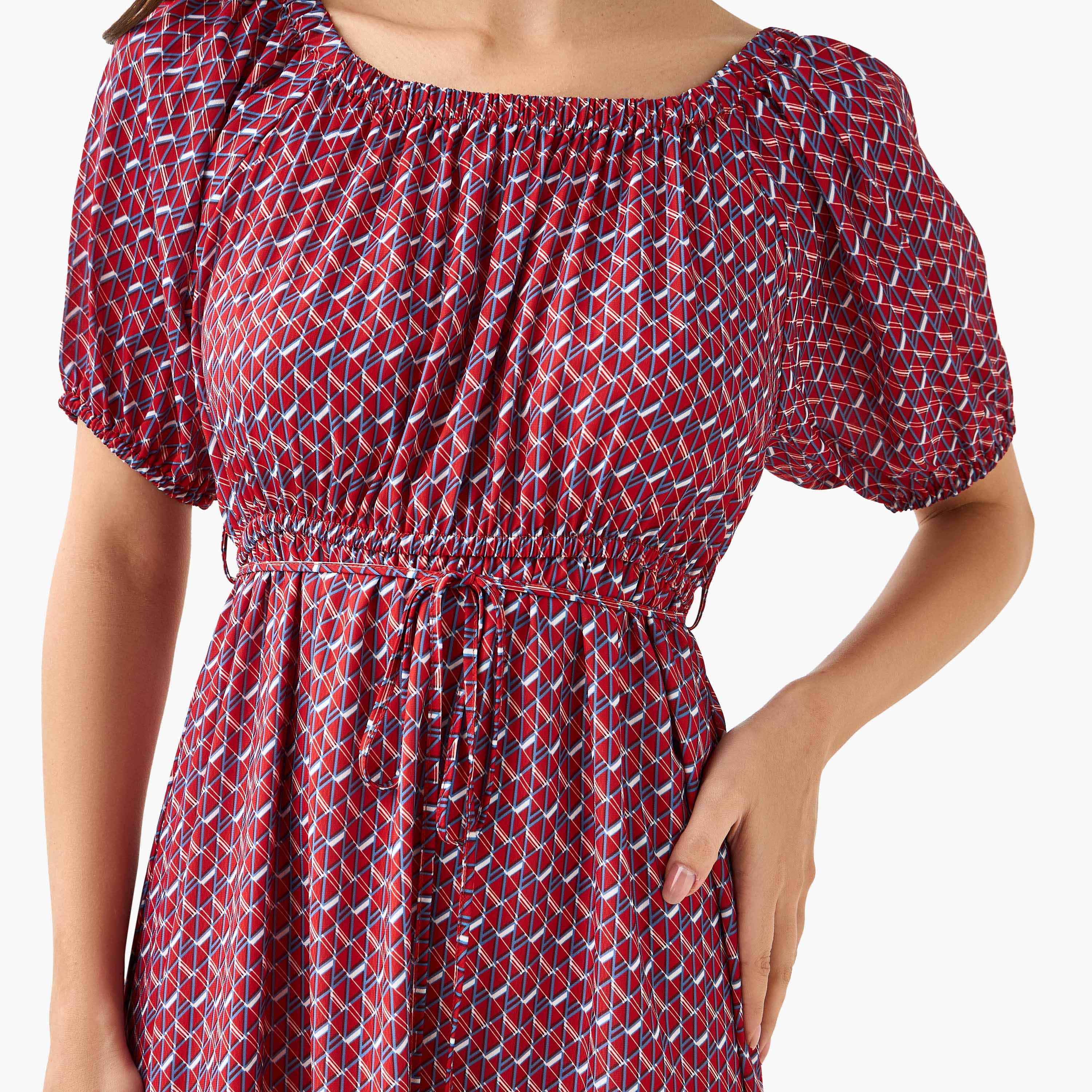 Cassie Geometric Print Off Shoulder Women Dress with Tie-Ups-women-clothing-dresses-image-2