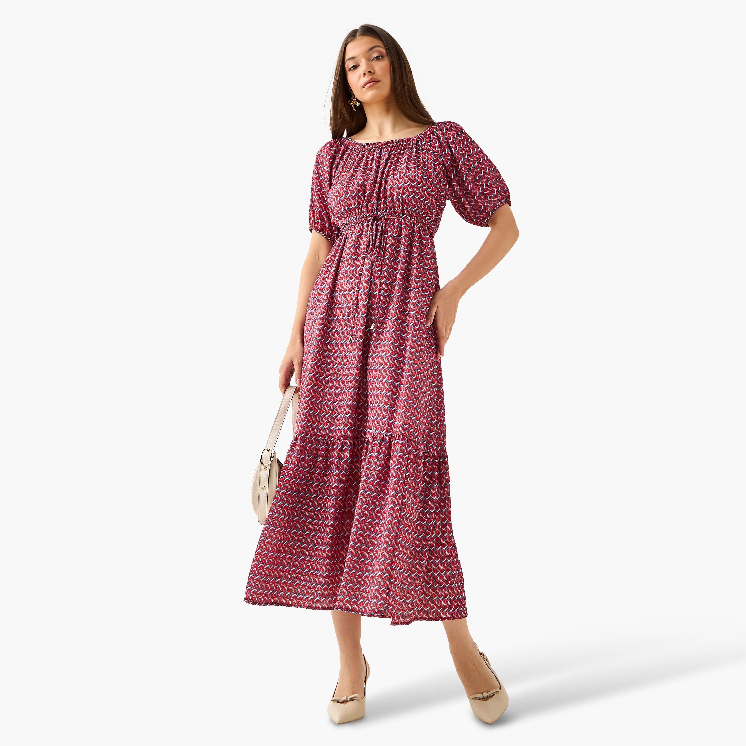 Cassie Geometric Print Off Shoulder Women Dress with Tie-Ups-women-clothing-dresses-image-3