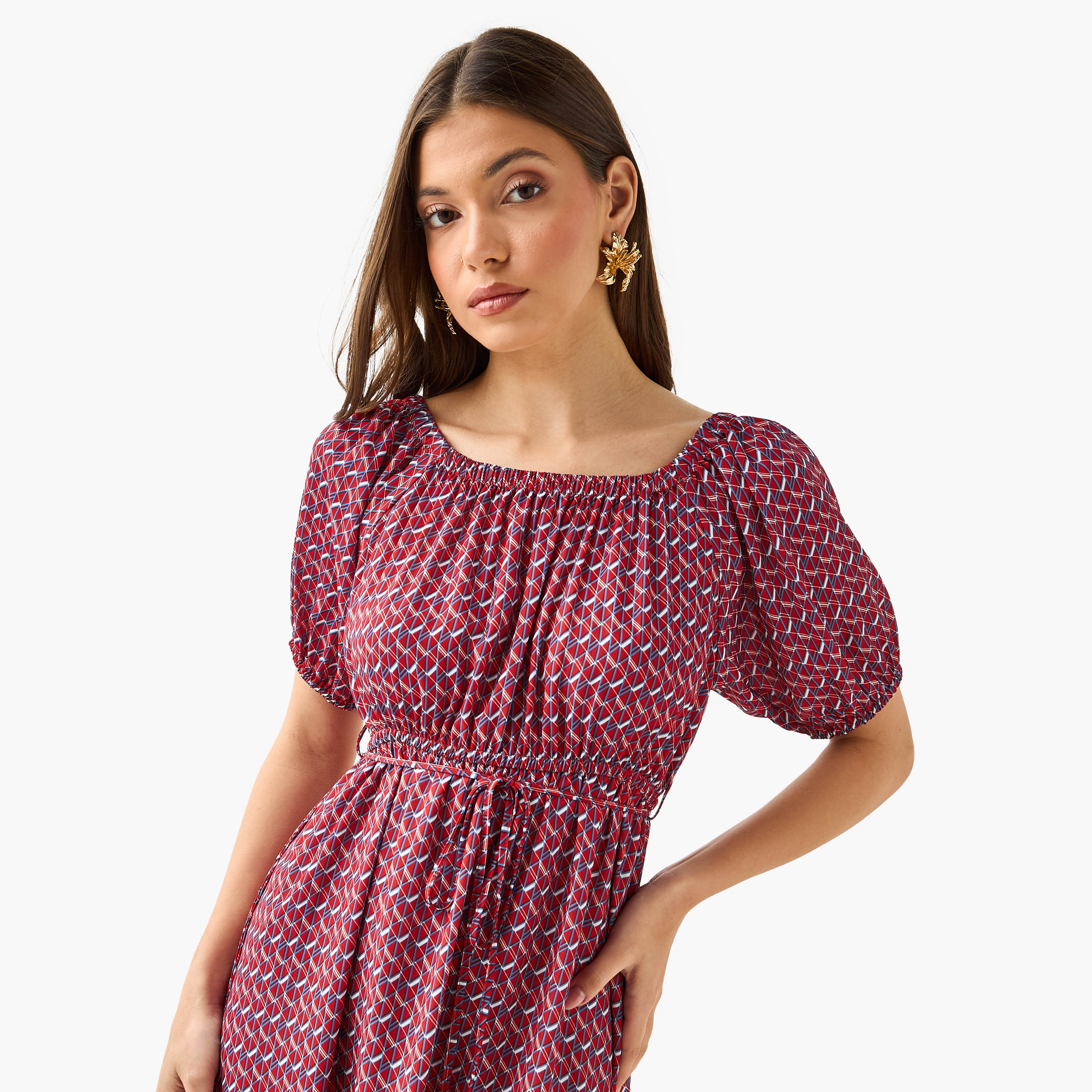 Cassie Geometric Print Off Shoulder Women Dress with Tie-Ups-women-clothing-dresses-image-6