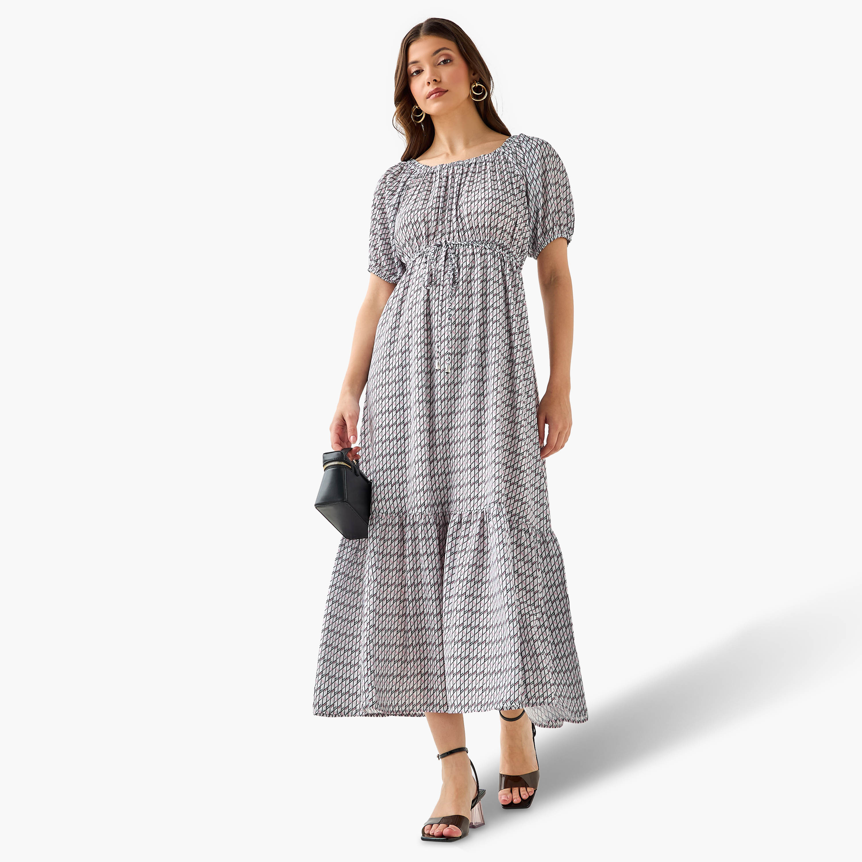 Cassie Geometric Print Off Shoulder Women Dress with Tie-Ups-women-clothing-dresses-image-3