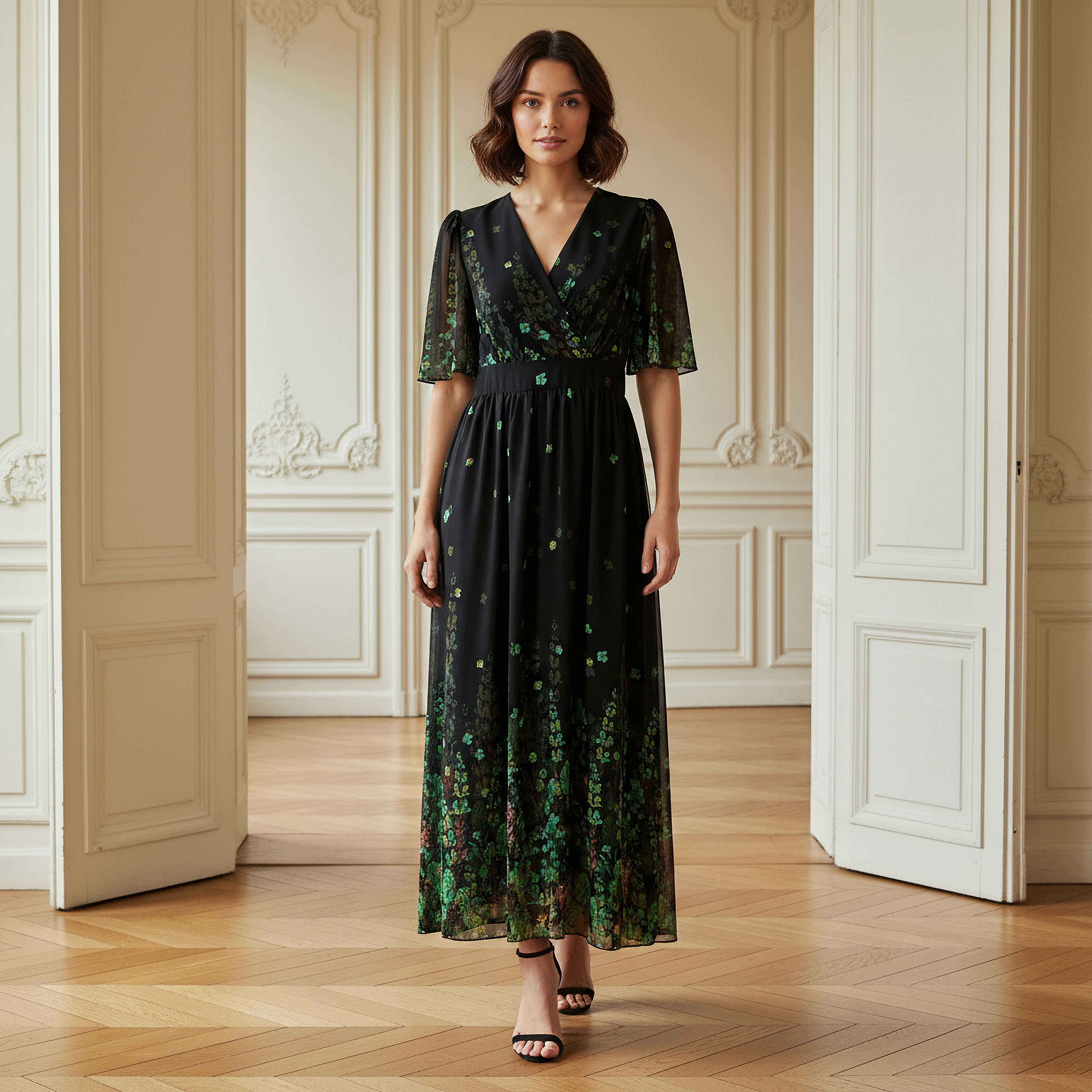 Floral Print Midi Dress with V-neck and Short Ruffle Sleeves-women-clothing-dresses-image-1