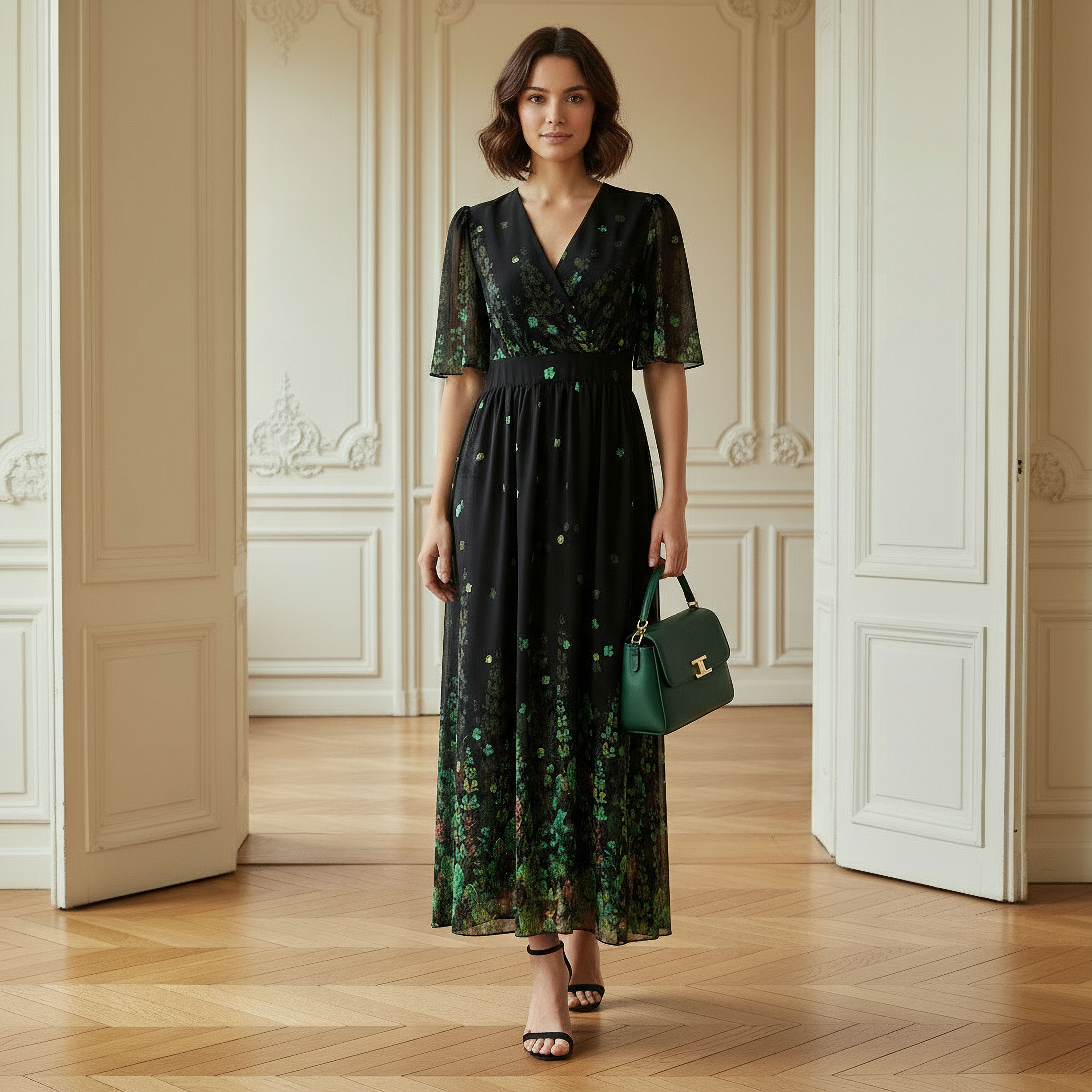 Floral Print Midi Dress with V-neck and Short Ruffle Sleeves-women-clothing-dresses-image-2