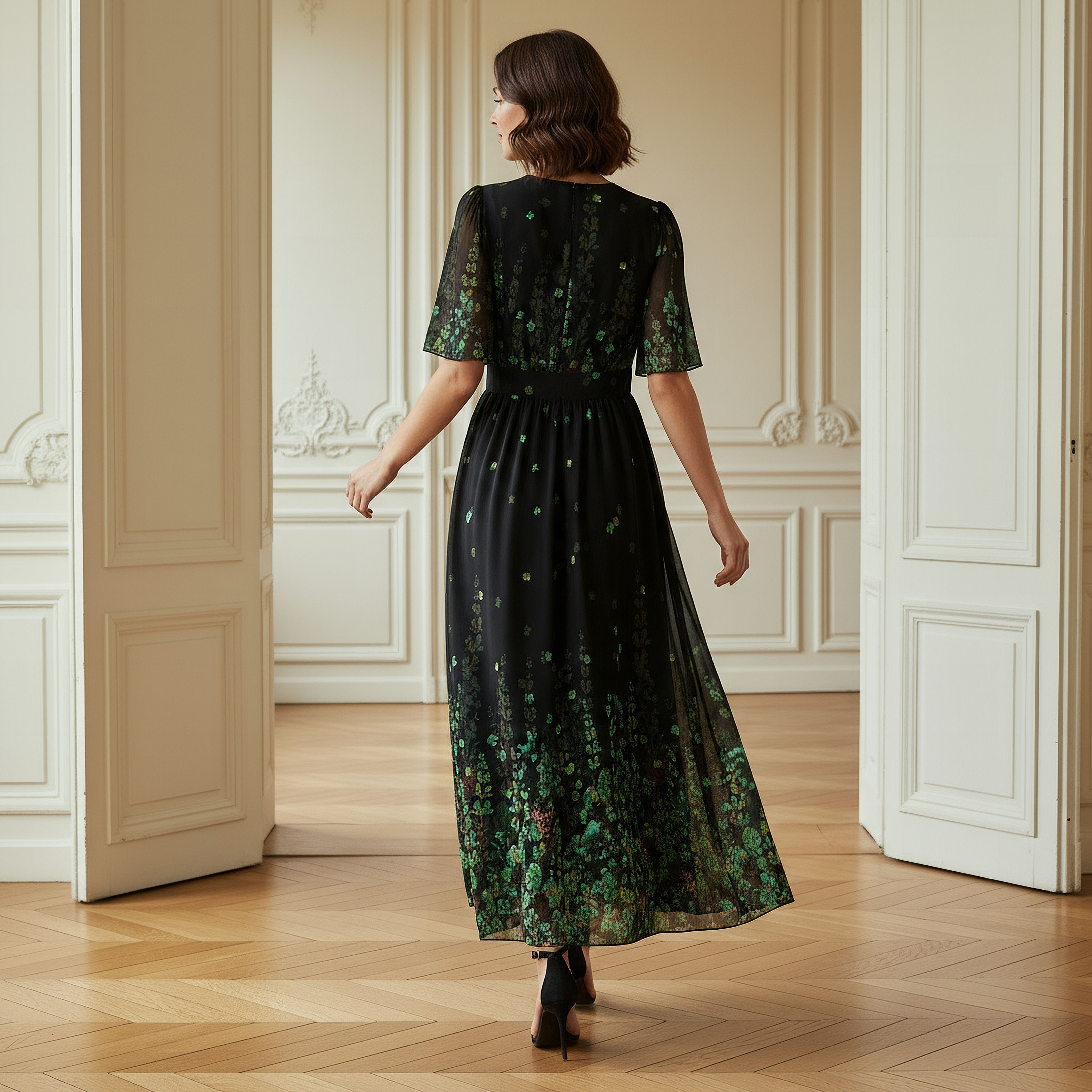Floral Print Midi Dress with V-neck and Short Ruffle Sleeves-women-clothing-dresses-image-3