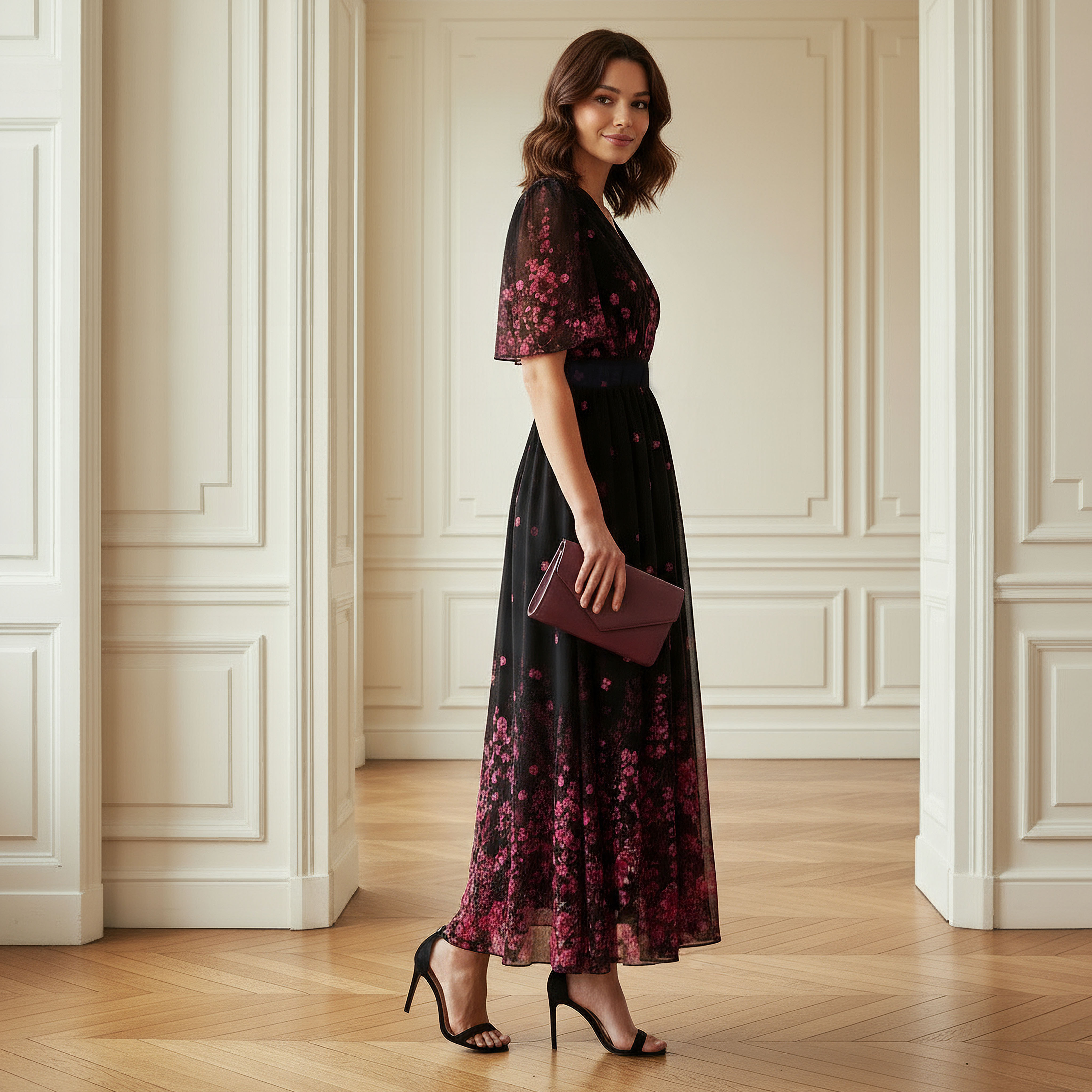 فستان ميدي بطبعات زهور بياقة على شكل V وأكمام قصيرة بكشكش-women-clothing-dresses-image-2