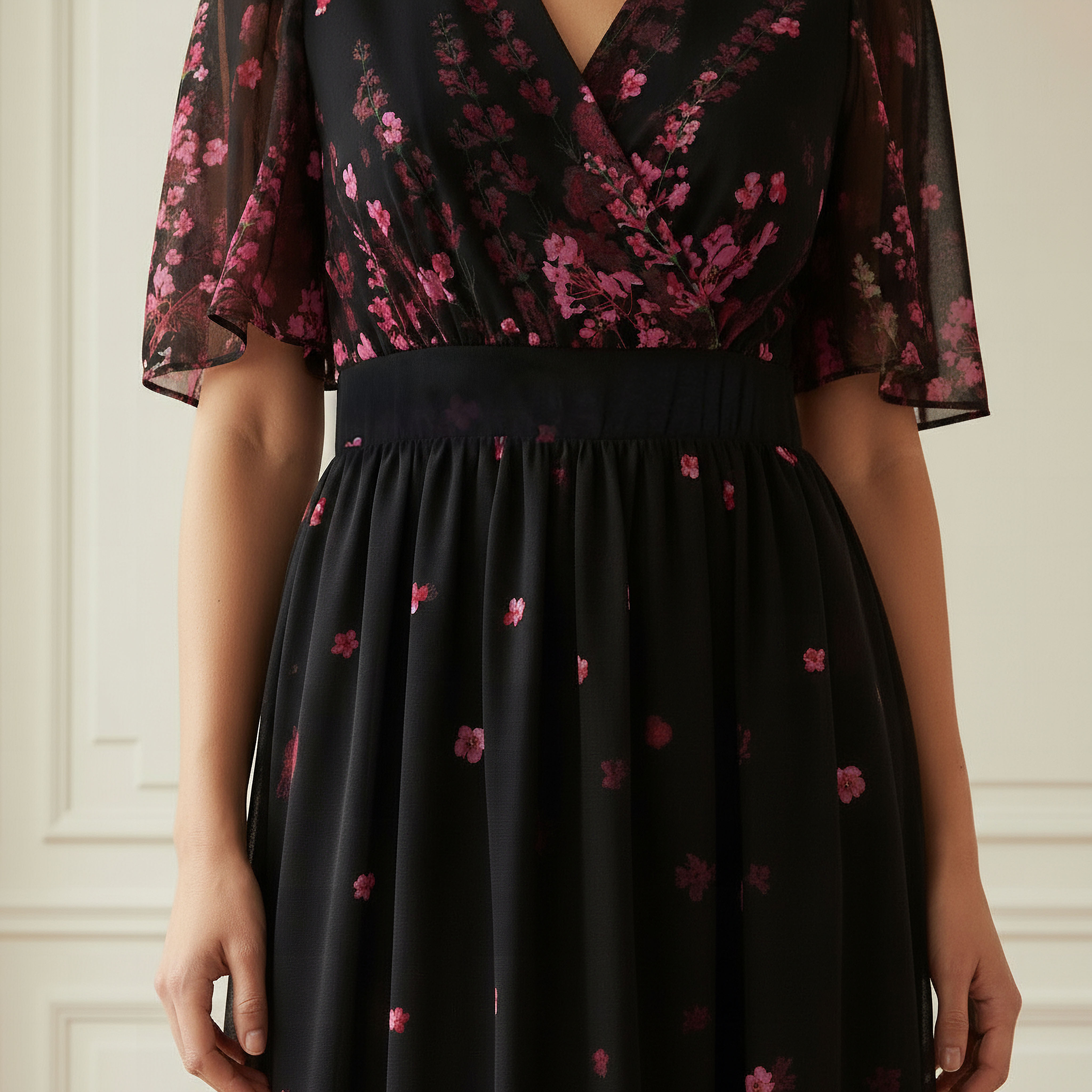 فستان ميدي بطبعات زهور بياقة على شكل V وأكمام قصيرة بكشكش-women-clothing-dresses-image-4
