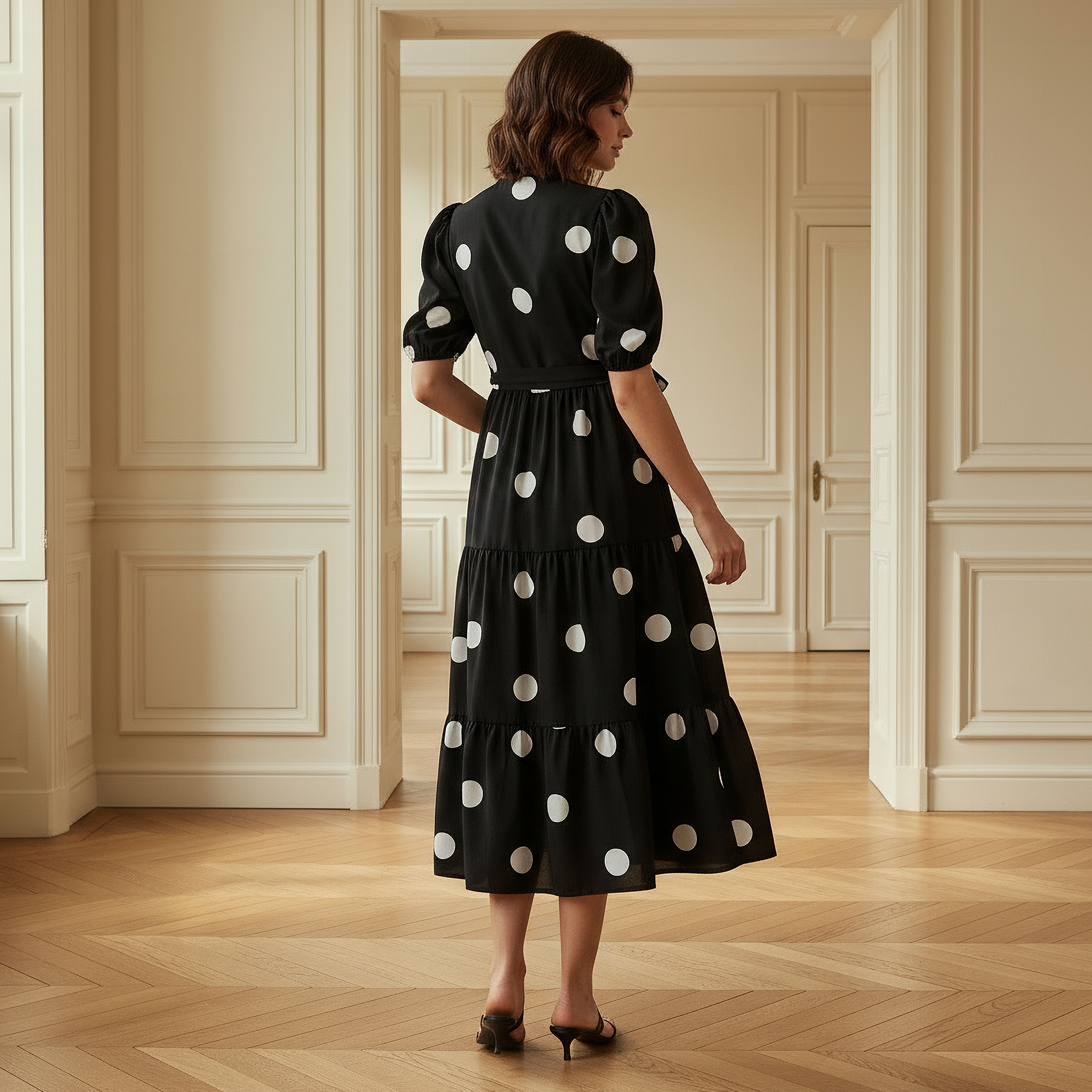 Polka Dot Print Midi Tiered Dress with Short Sleeves and Tie-Up Detail-women-clothing-dresses-image-3