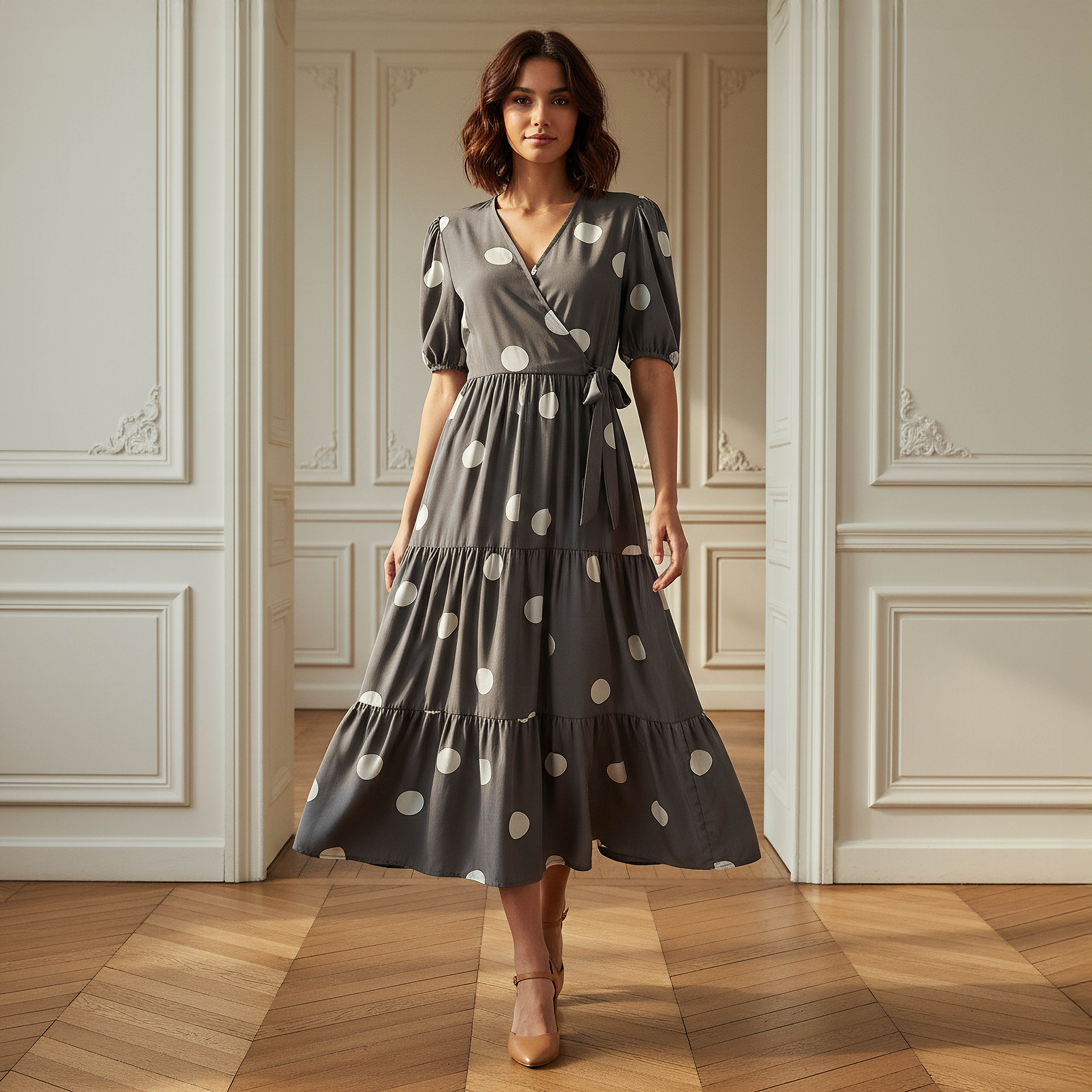 Polka Dot Print Midi Tiered Dress with Short Sleeves and Tie-Up Detail-women-clothing-dresses-image-1