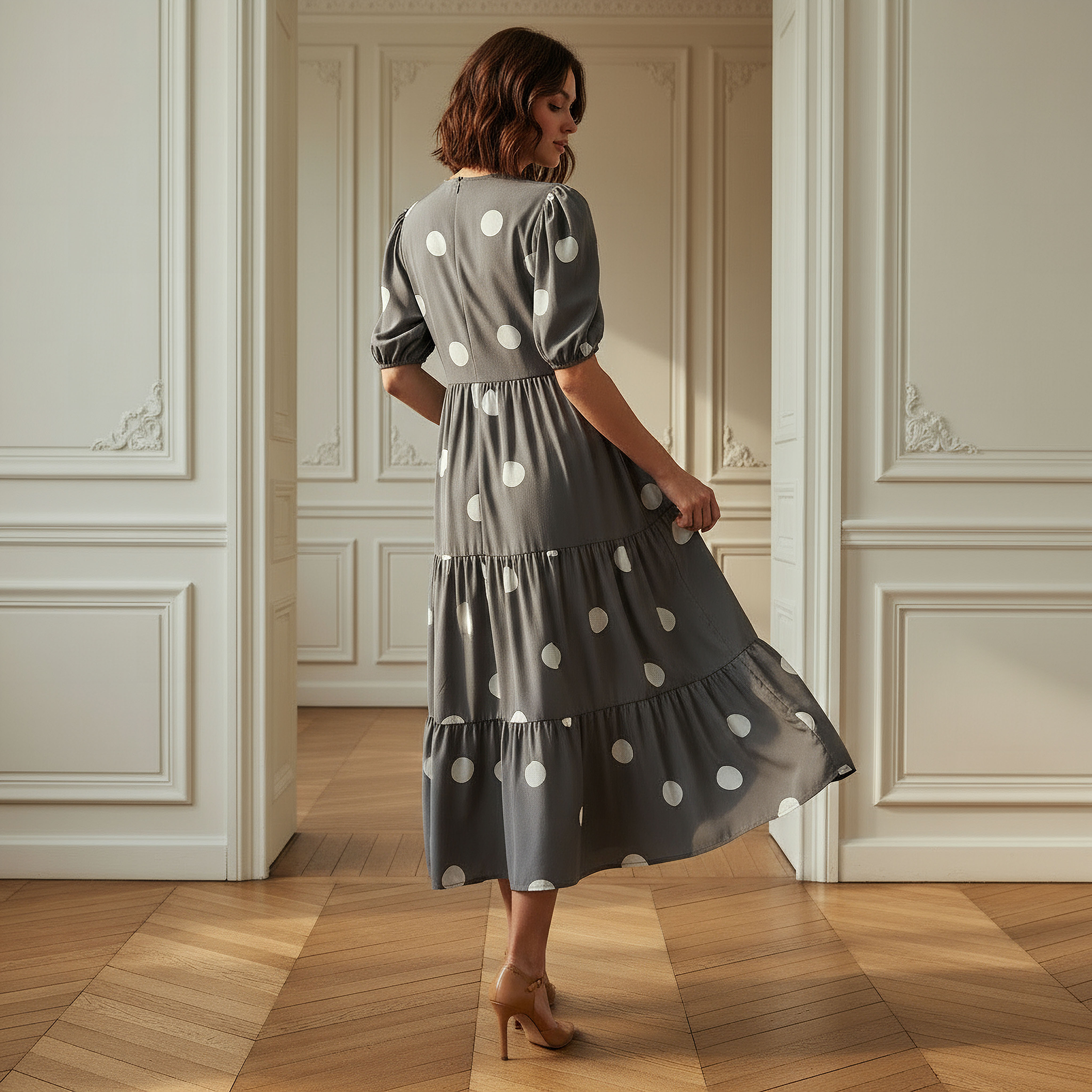 Polka Dot Print Midi Tiered Dress with Short Sleeves and Tie-Up Detail-women-clothing-dresses-image-3