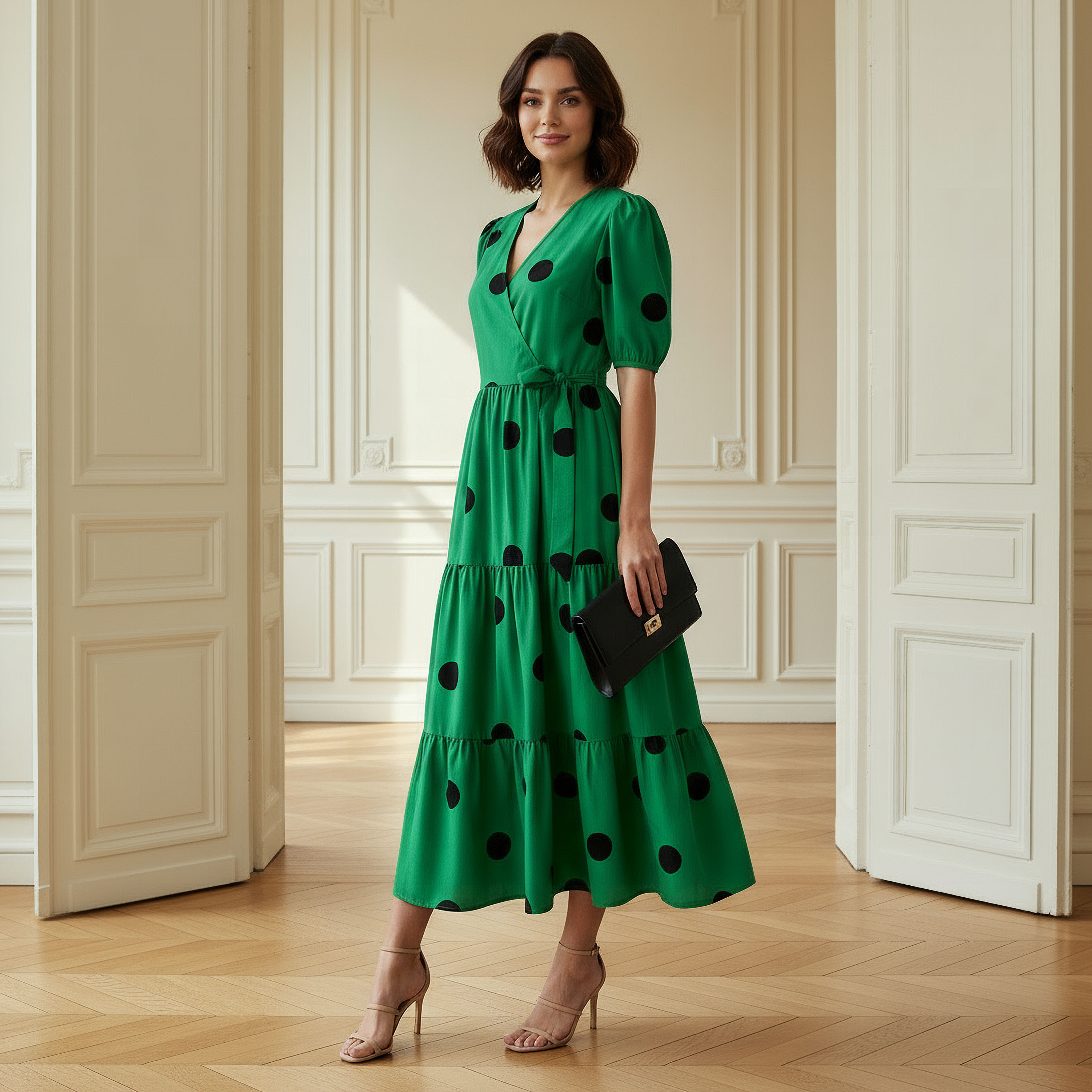 Polka Dot Print Midi Tiered Dress with Short Sleeves and Tie-Up Detail-women-clothing-dresses-image-2