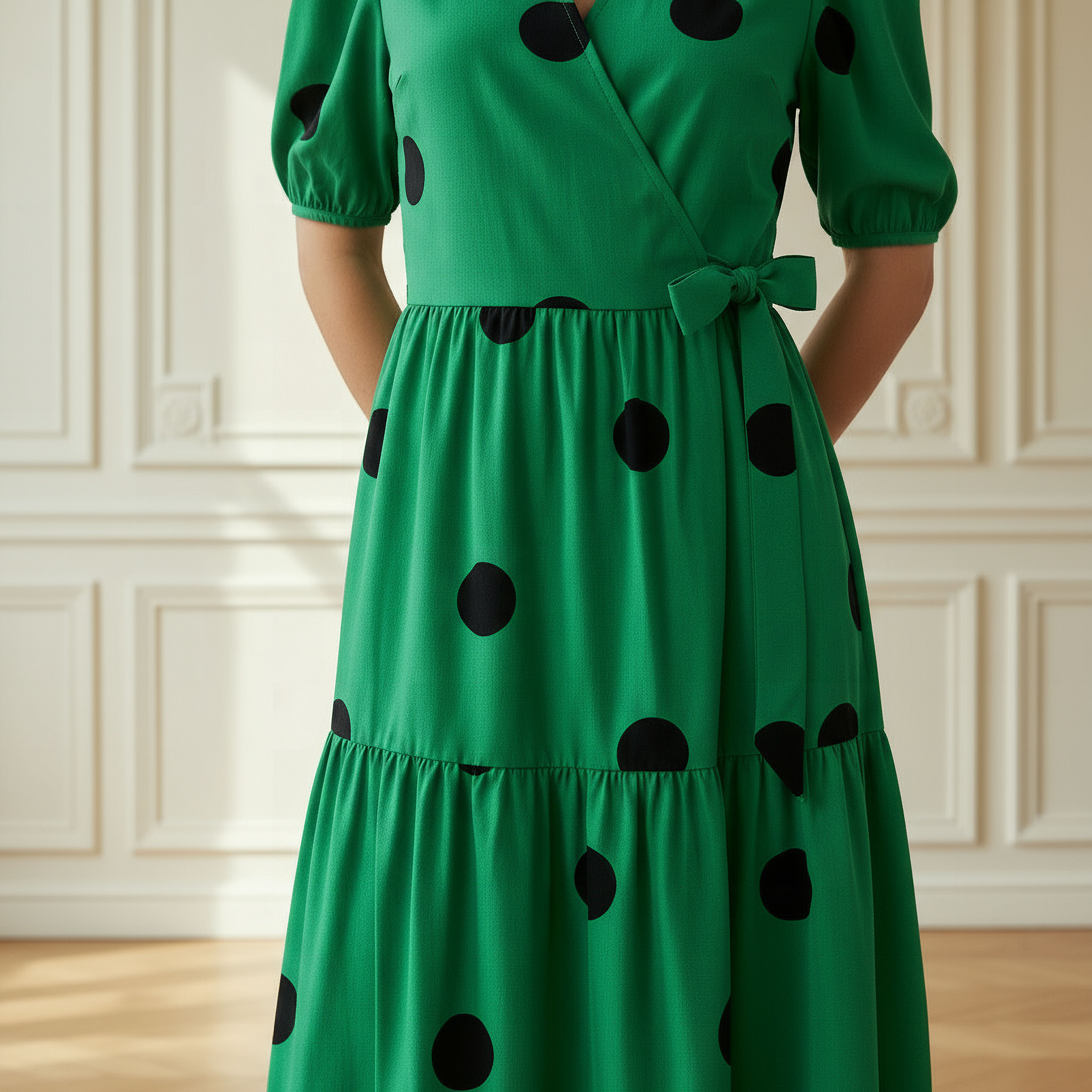Polka Dot Print Midi Tiered Dress with Short Sleeves and Tie-Up Detail-women-clothing-dresses-image-4