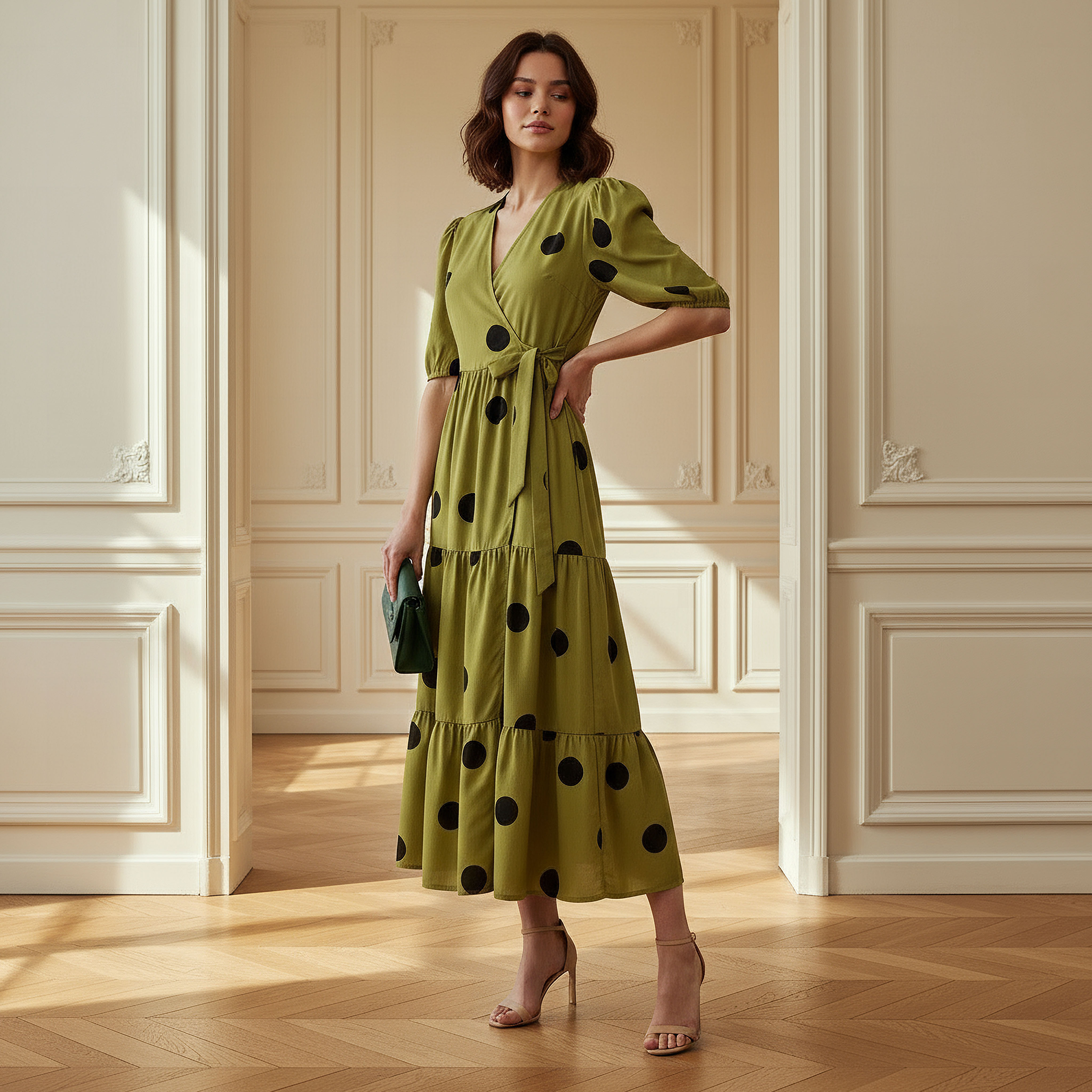 Polka Dot Print Midi Tiered Dress with Short Sleeves and Tie-Up Detail-women-clothing-dresses-image-2