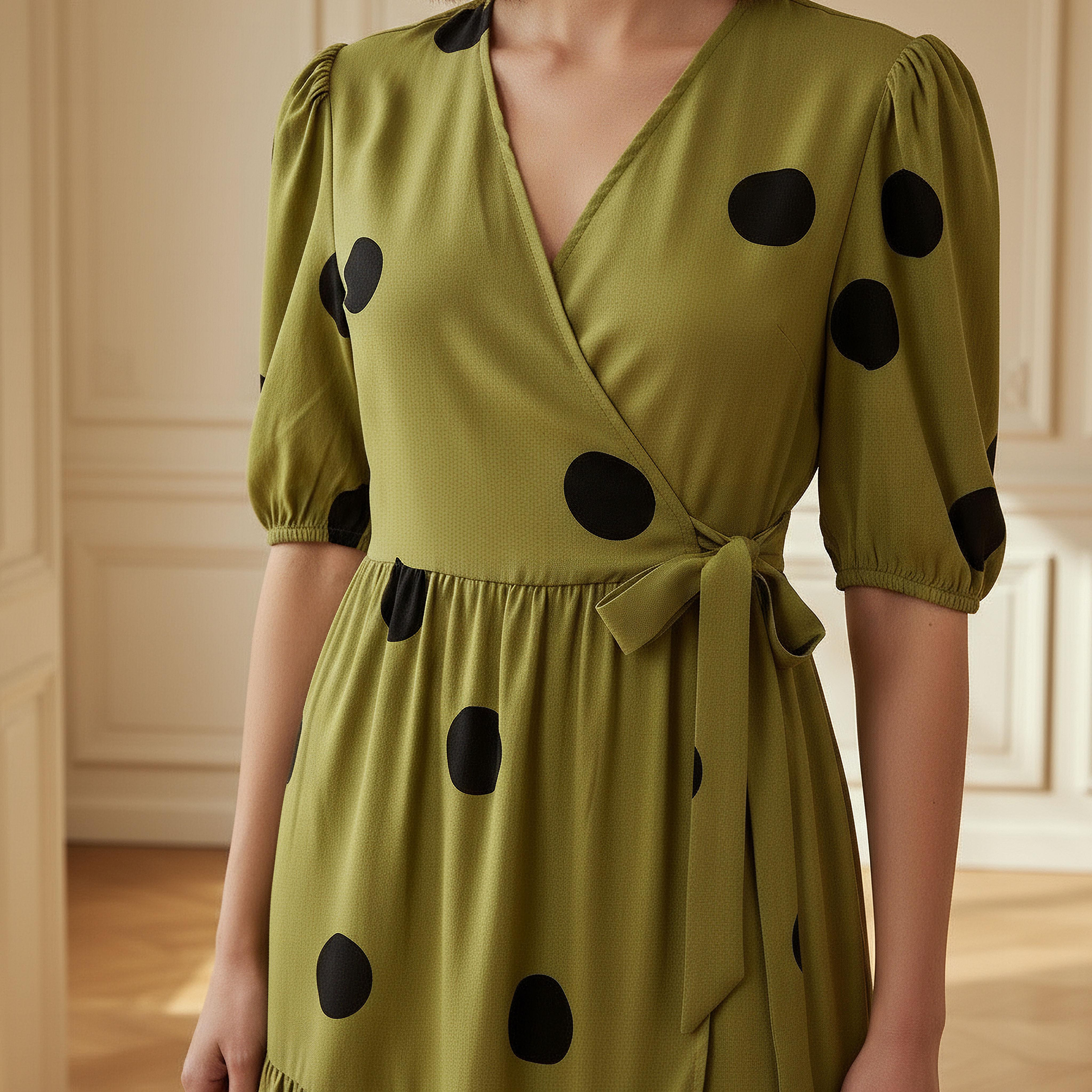 Polka Dot Print Midi Tiered Dress with Short Sleeves and Tie-Up Detail-women-clothing-dresses-image-4