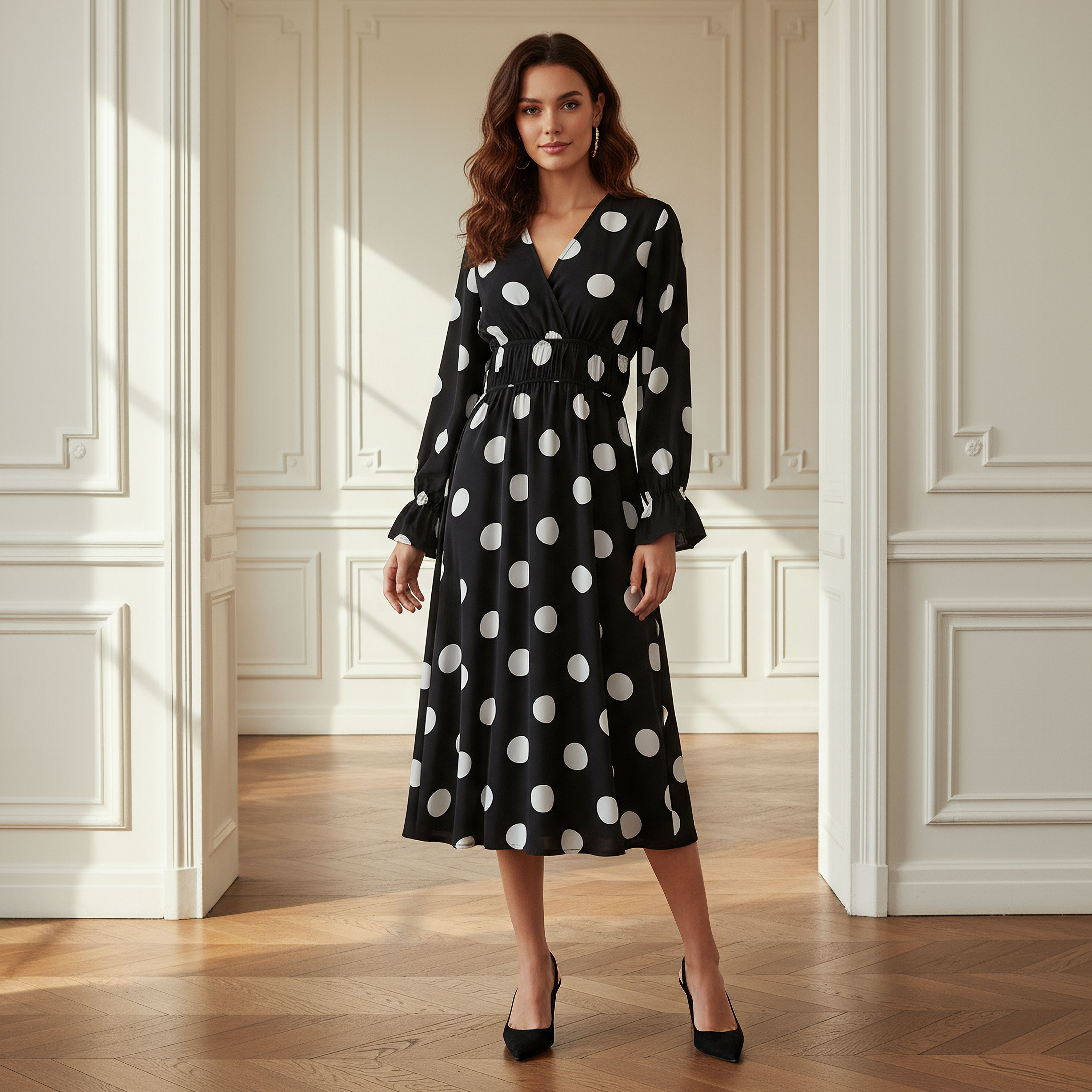 Polka Dot Print Midi Dress with Long Sleeves and Cinched Waist Detail-women-clothing-dresses-image-1