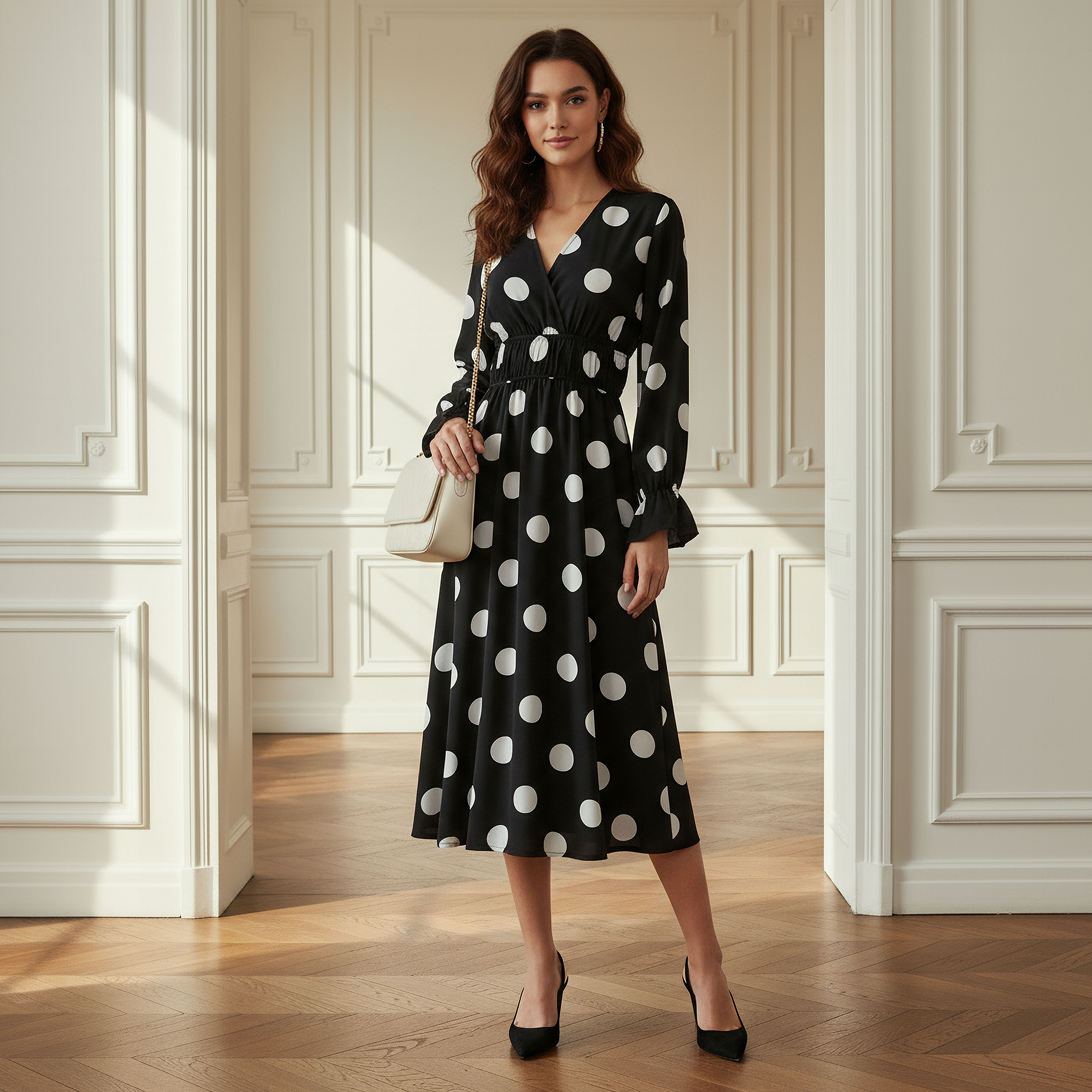 Polka Dot Print Midi Dress with Long Sleeves and Cinched Waist Detail-women-clothing-dresses-image-2