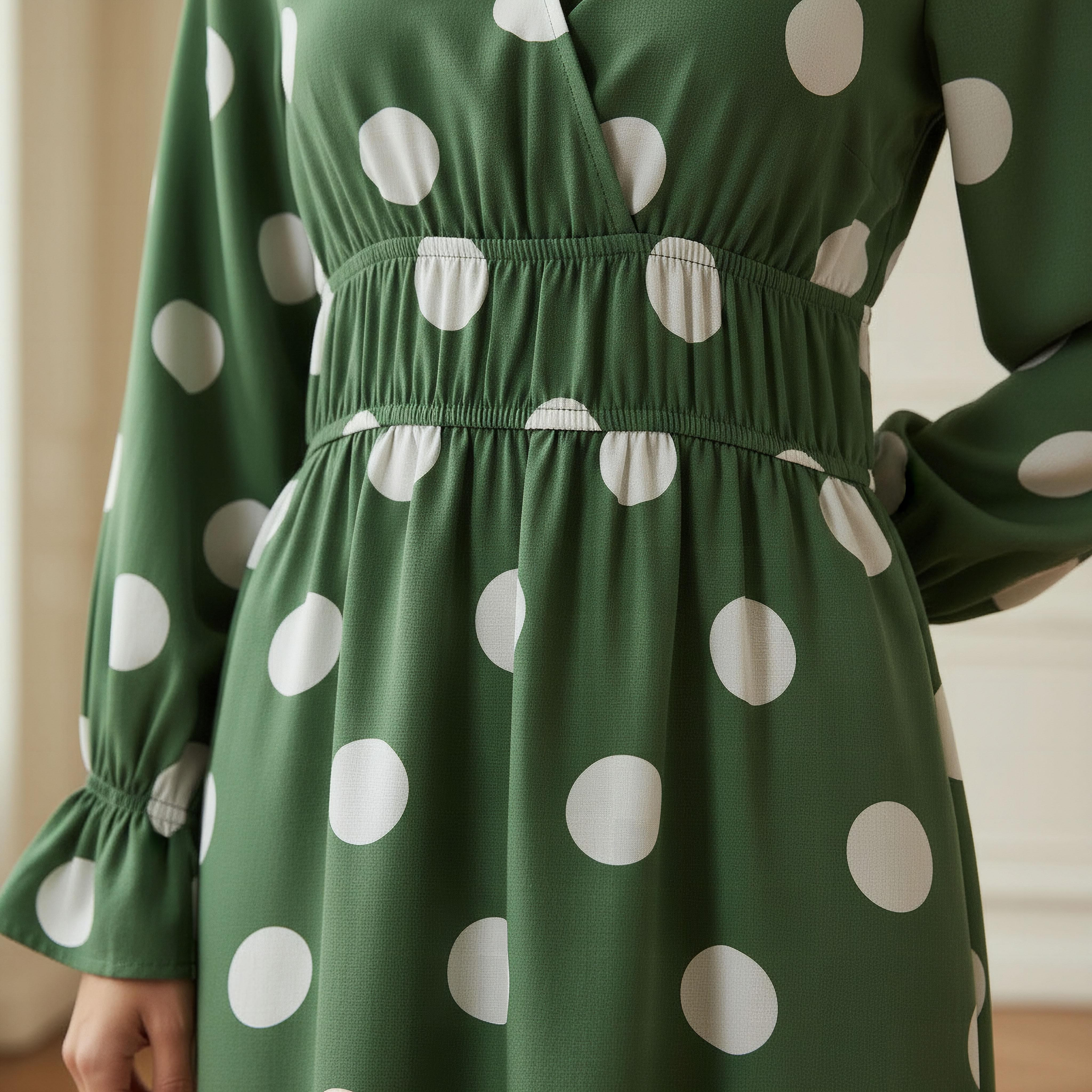 Polka Dot Print Midi Dress with Long Sleeves and Cinched Waist Detail-women-clothing-dresses-image-4
