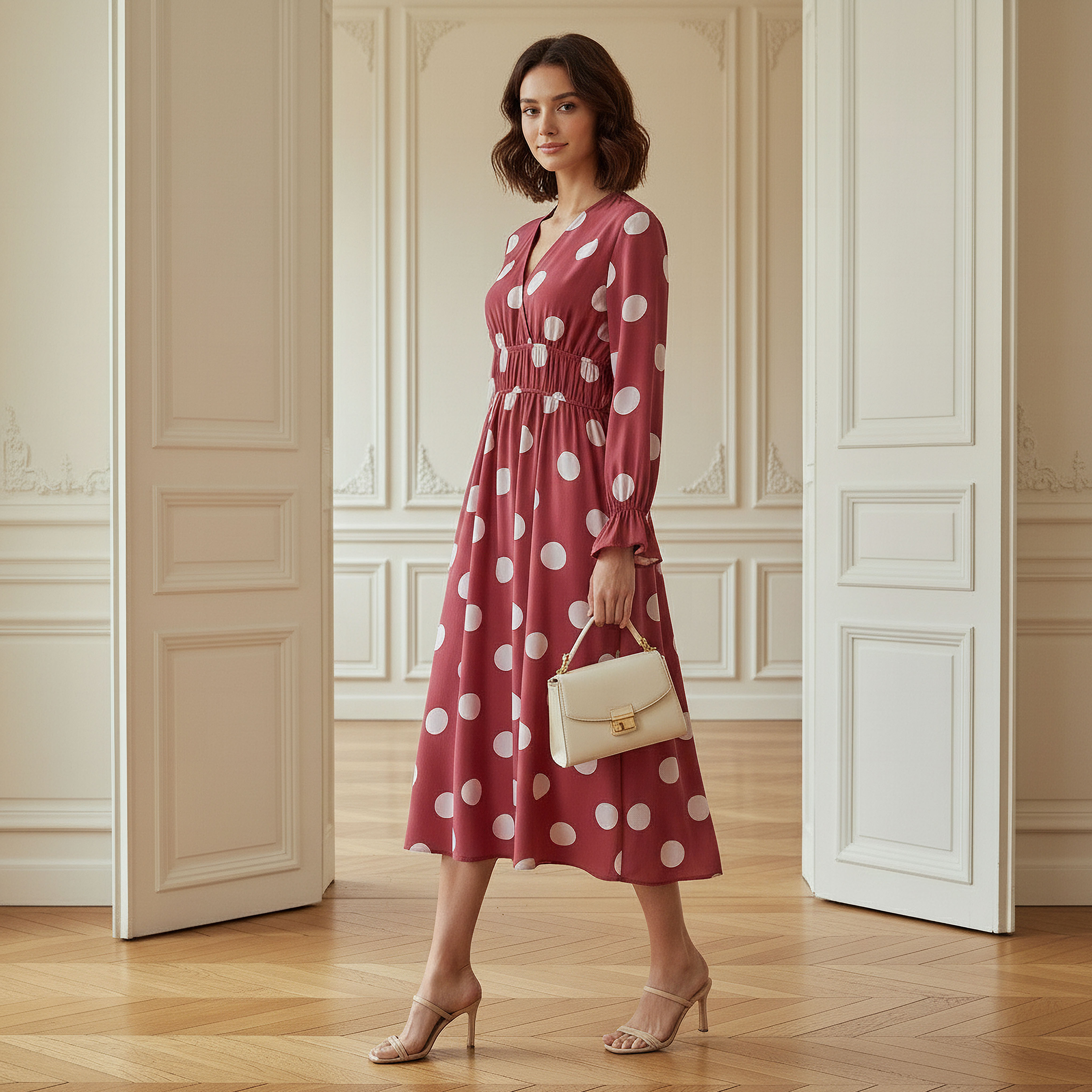 Polka Dot Print Midi Dress with Long Sleeves and Cinched Waist Detail-women-clothing-dresses-image-2