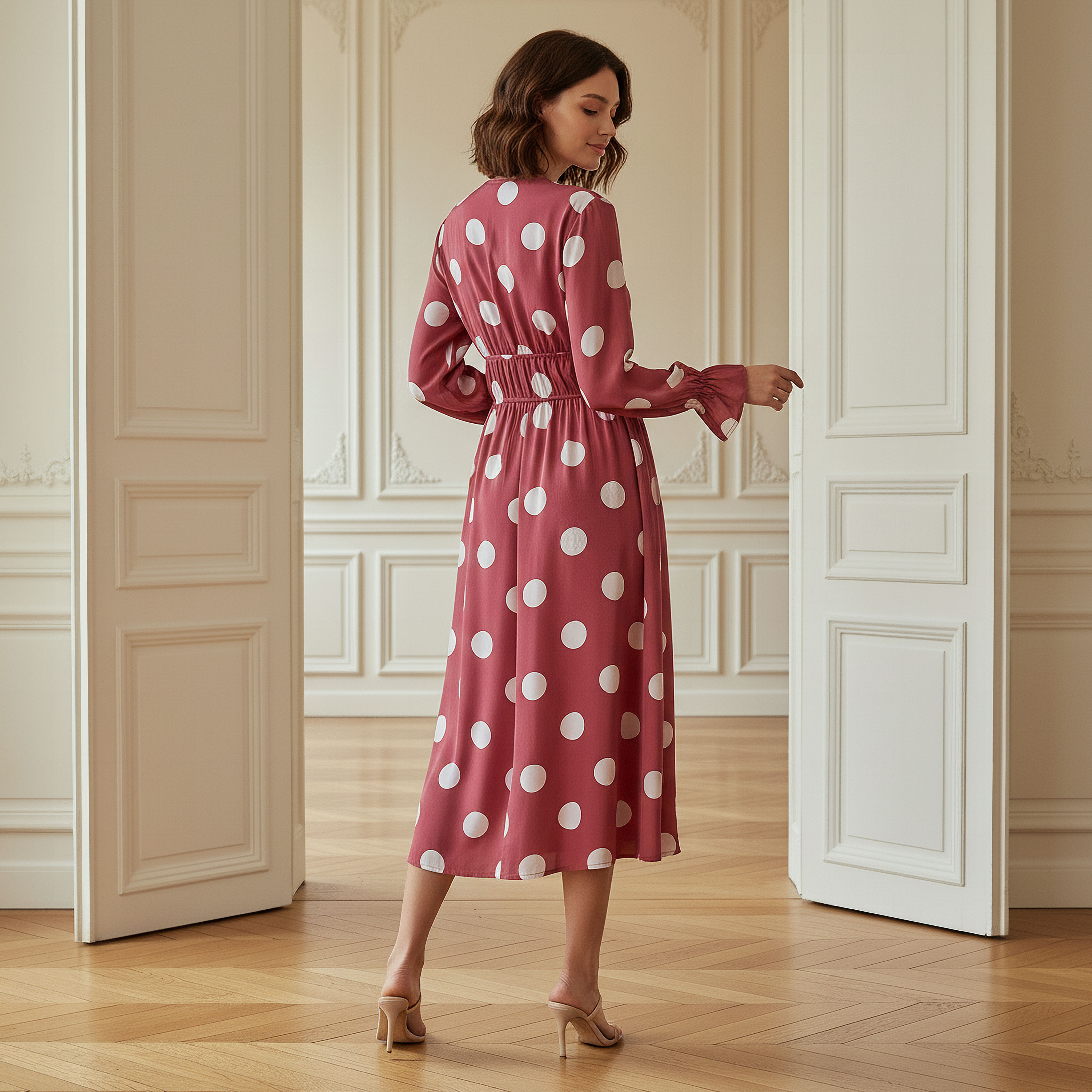 Polka Dot Print Midi Dress with Long Sleeves and Cinched Waist Detail-women-clothing-dresses-image-3