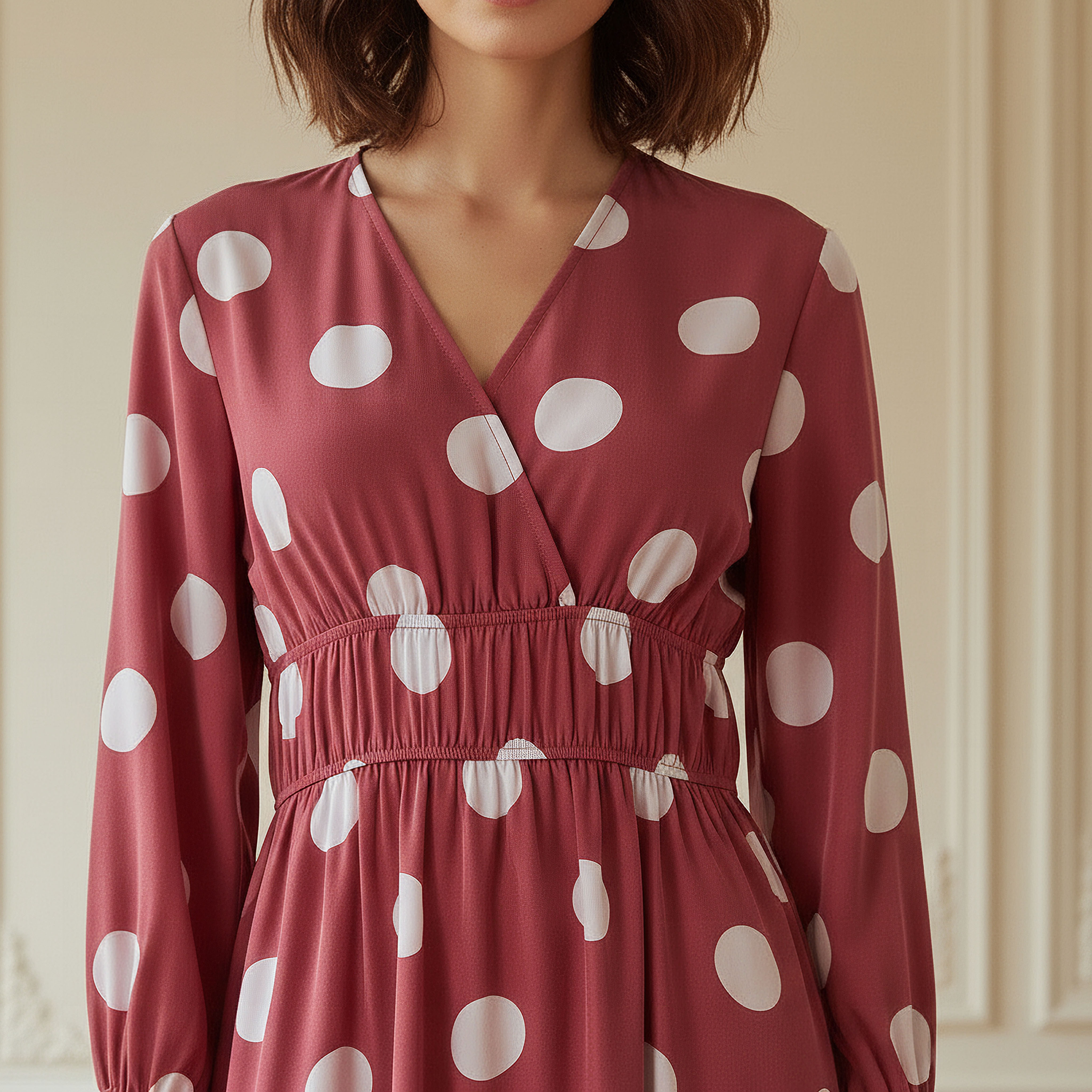 Polka Dot Print Midi Dress with Long Sleeves and Cinched Waist Detail-women-clothing-dresses-image-4