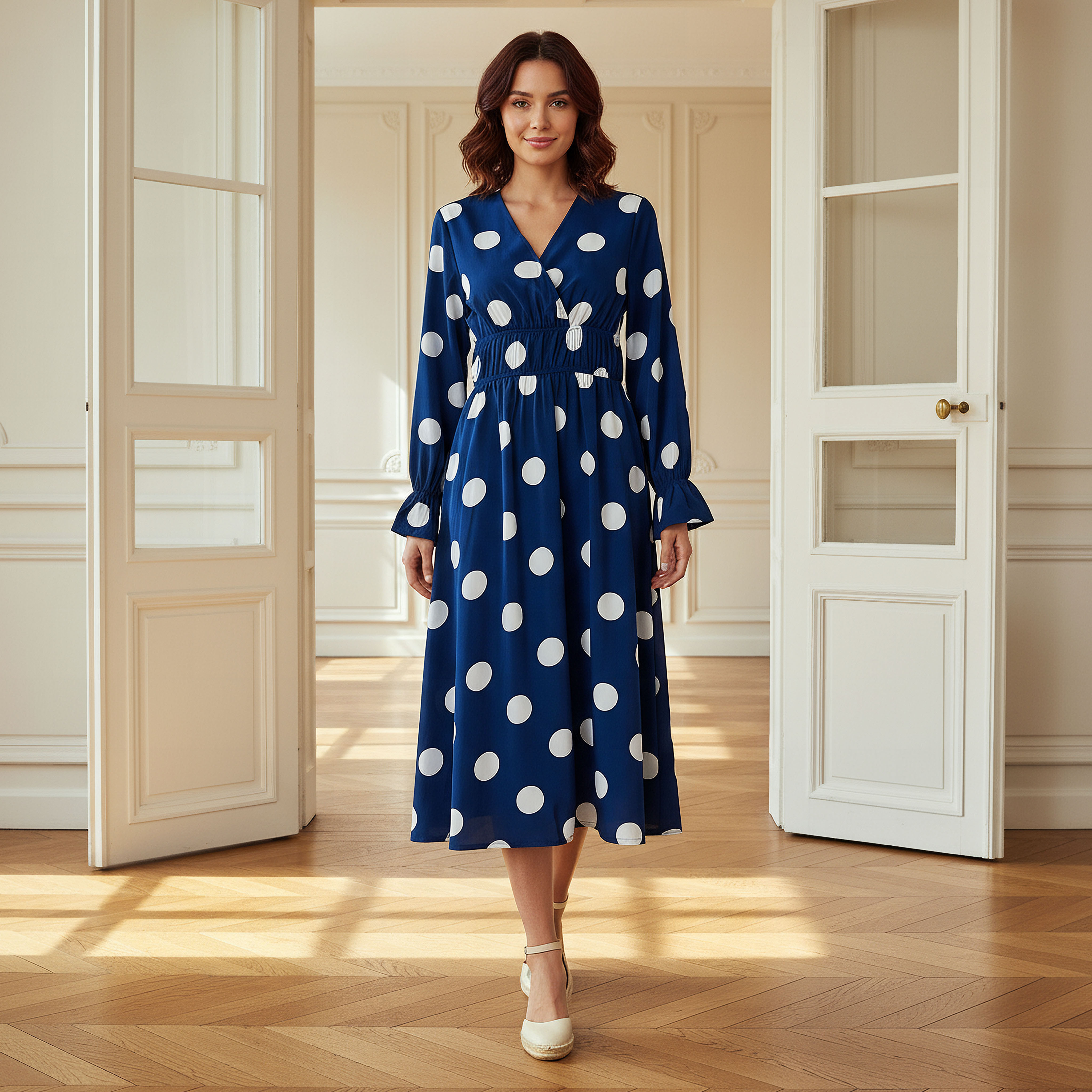 Polka Dot Print Midi Dress with Long Sleeves and Cinched Waist Detail-women-clothing-dresses-image-1