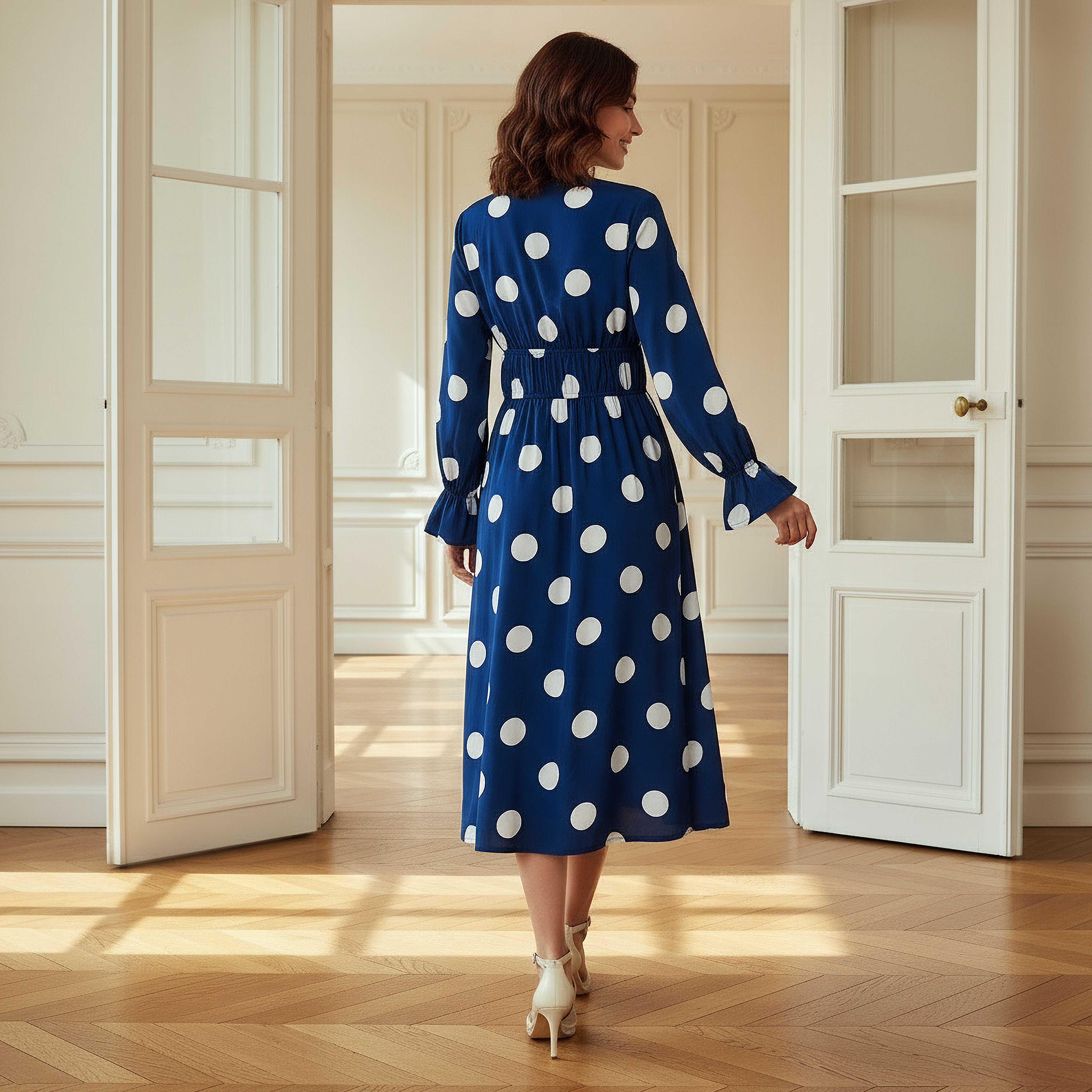 Polka Dot Print Midi Dress with Long Sleeves and Cinched Waist Detail-women-clothing-dresses-image-3