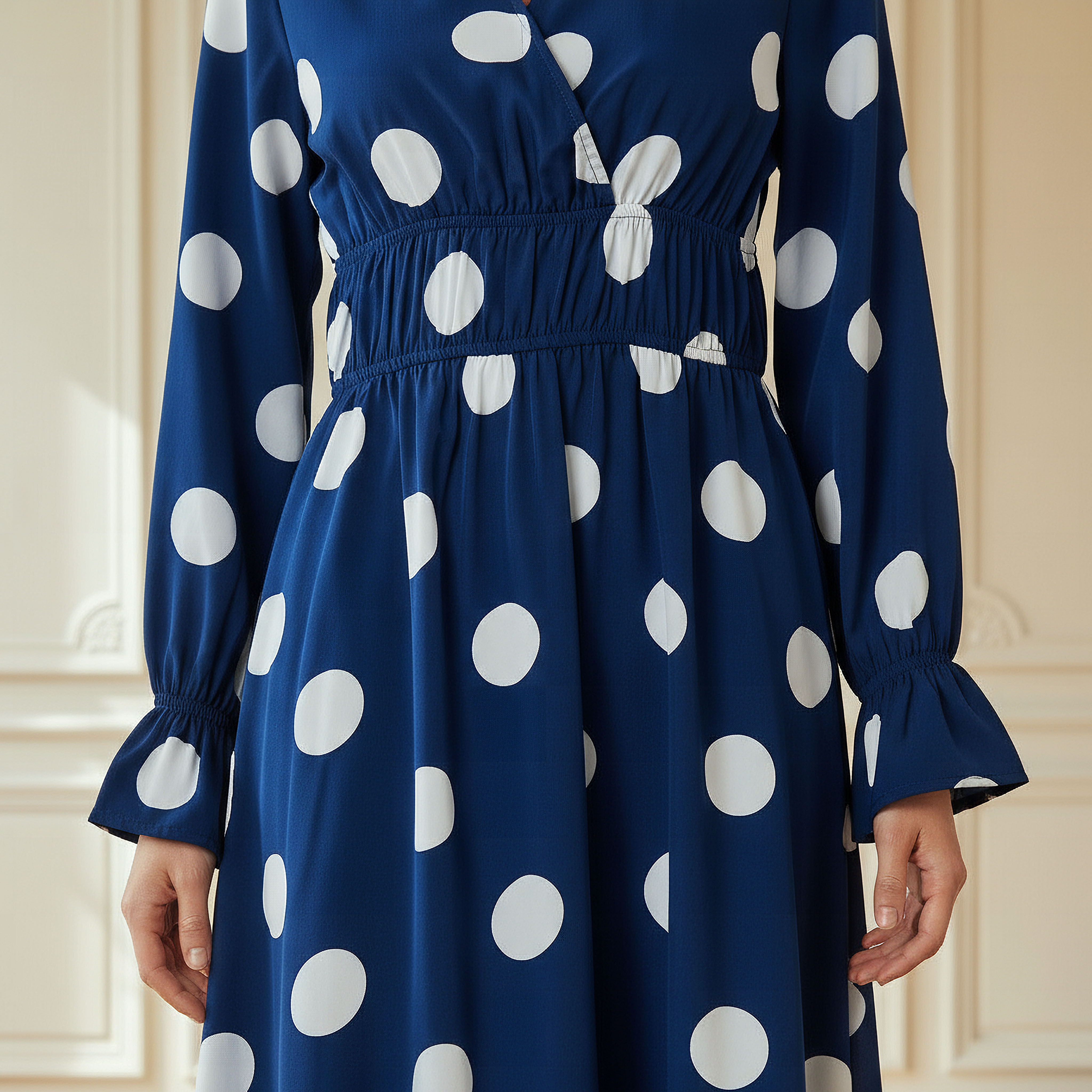 Polka Dot Print Midi Dress with Long Sleeves and Cinched Waist Detail-women-clothing-dresses-image-4