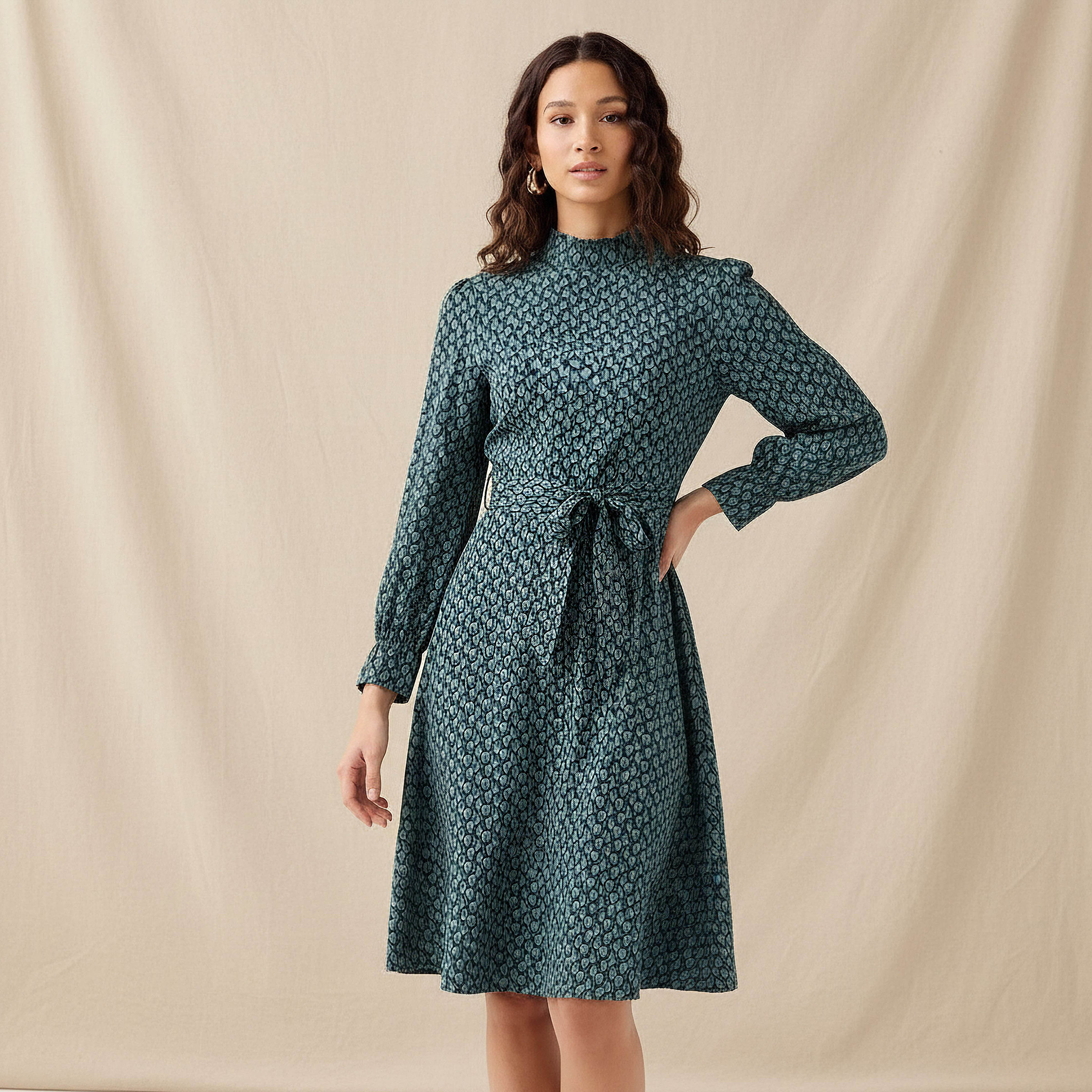 Abstract Print Mini Dress with High Neck and Tie-Up Belt-PROMO_SP_QA_BUNDLE_2FOR159_180925-image-1