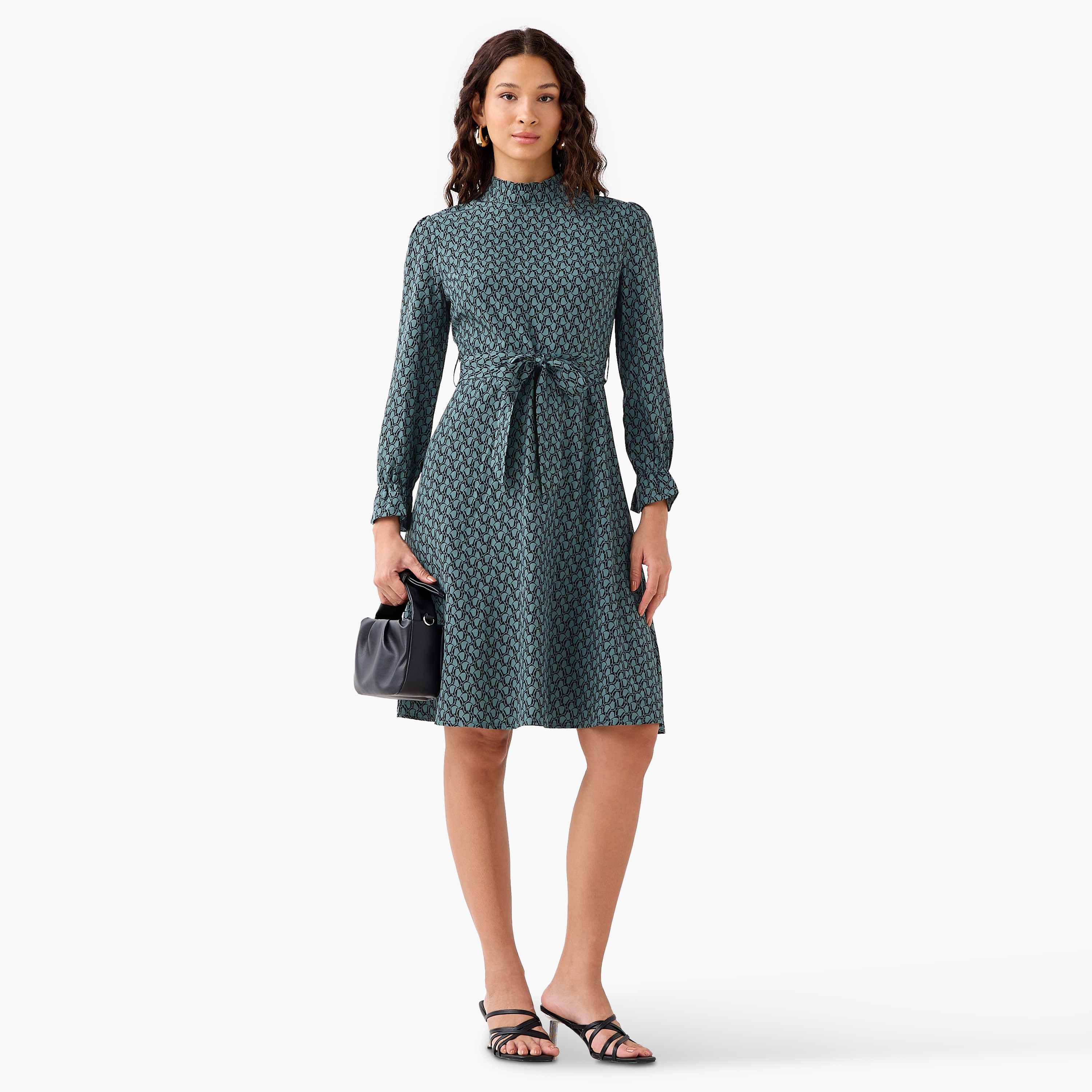 Abstract Print Mini Dress with High Neck and Tie-Up Belt-PROMO_SP_QA_BUNDLE_2FOR159_180925-image-2