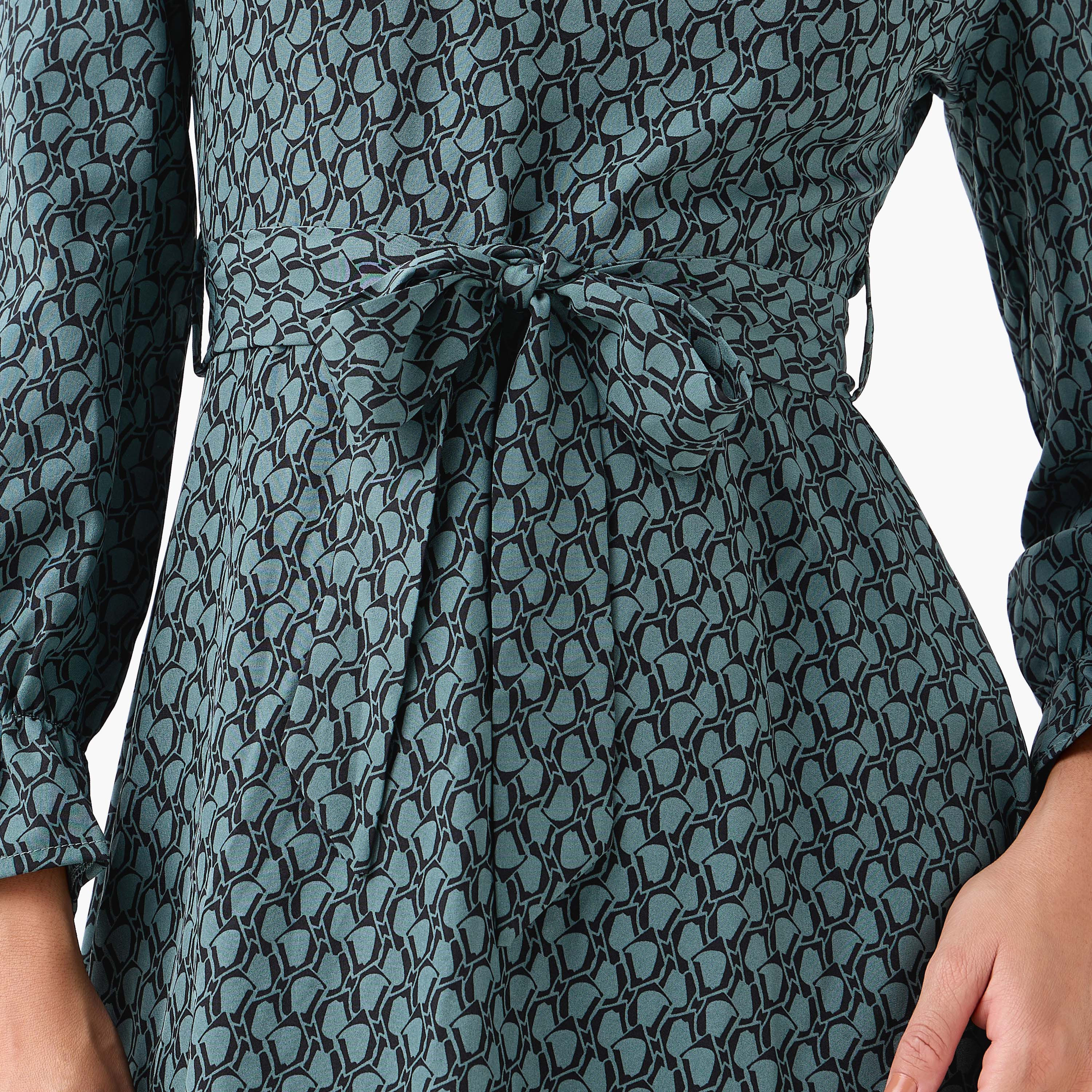 Abstract Print Mini Dress with High Neck and Tie-Up Belt-PROMO_SP_QA_BUNDLE_2FOR159_180925-image-4
