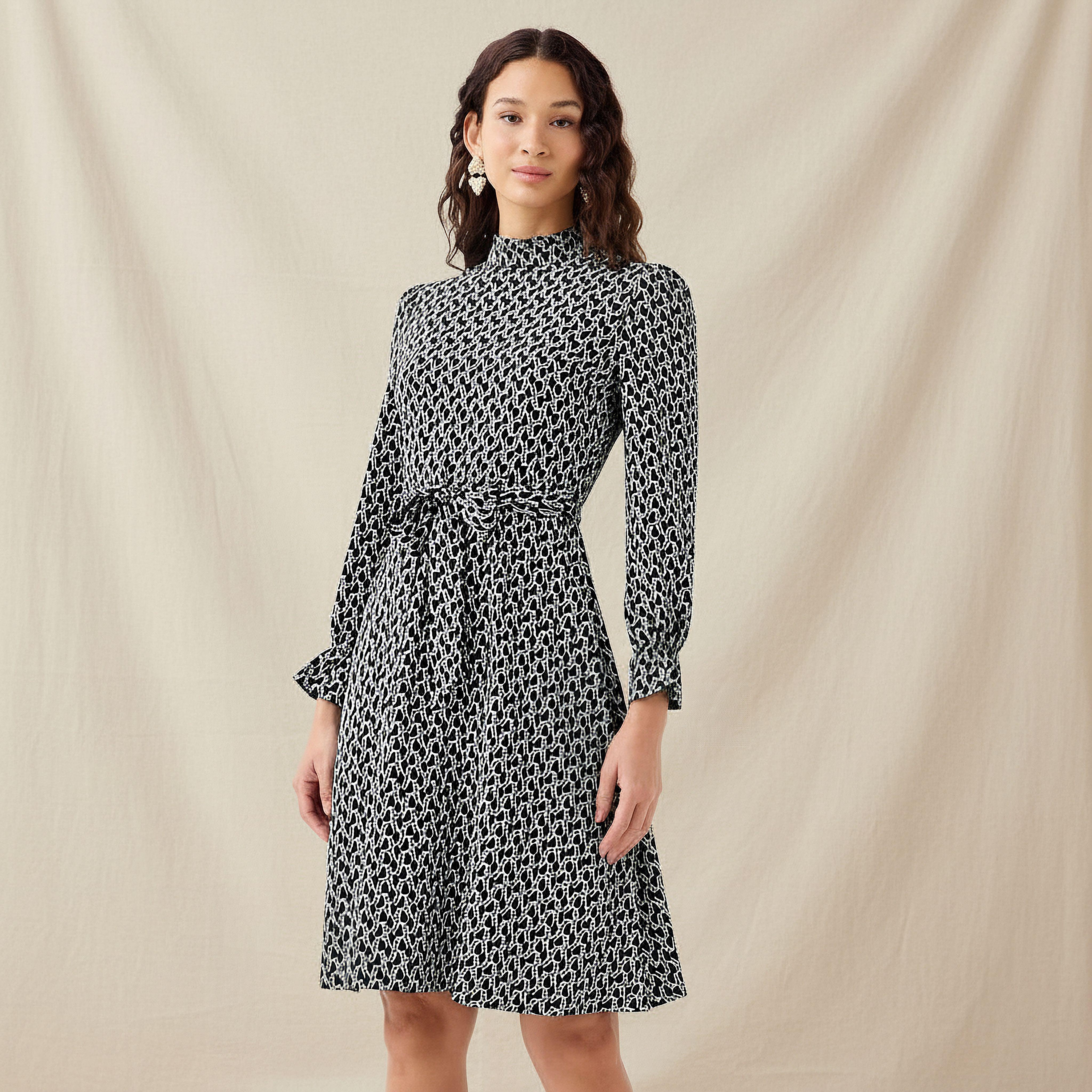 Abstract Print Mini Dress with High Neck and Tie-Up Belt-PROMO_SP_QA_BUNDLE_2FOR159_180925-image-1
