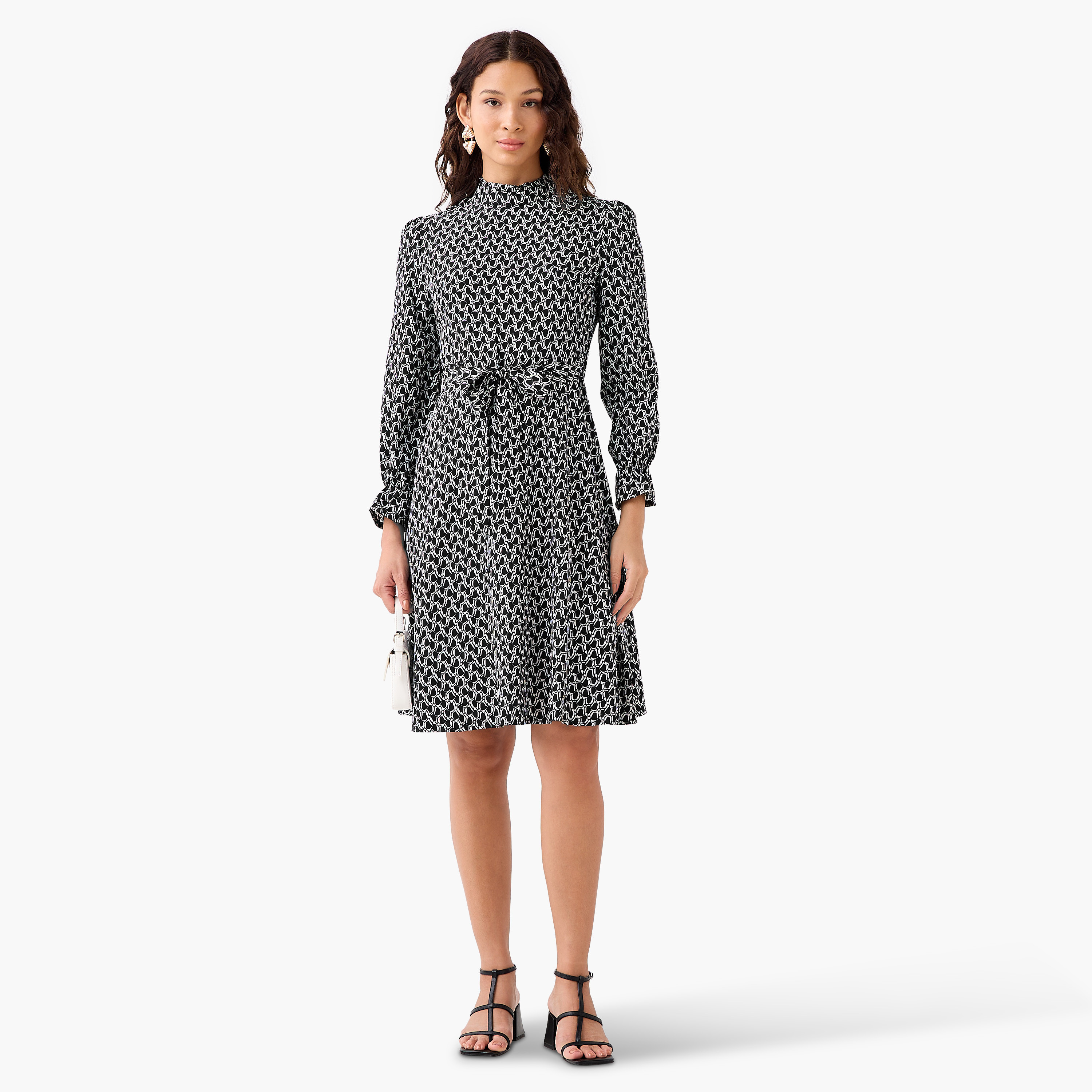 Abstract Print Mini Dress with High Neck and Tie-Up Belt-PROMO_SP_QA_BUNDLE_2FOR159_180925-image-2