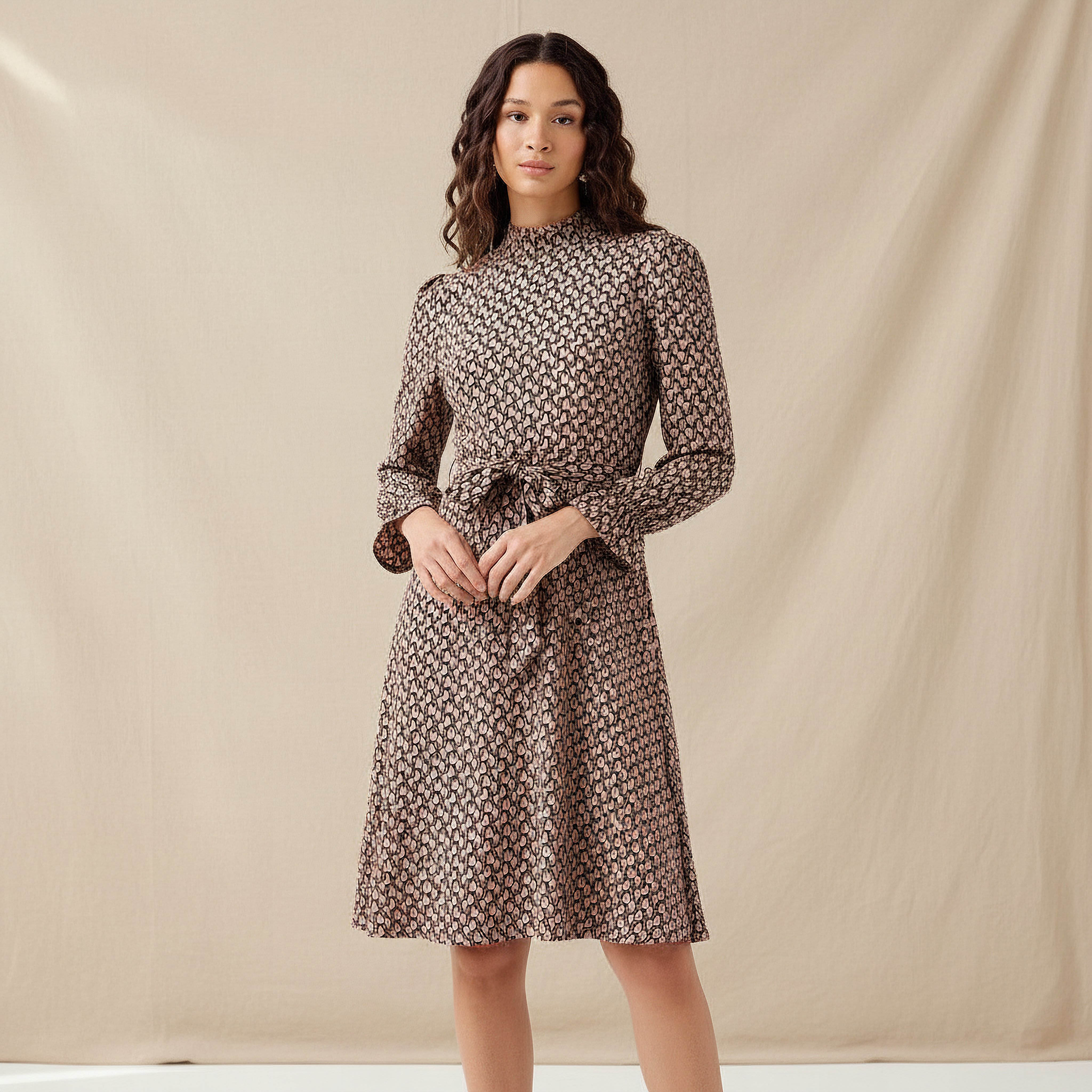 Abstract Print Mini Dress with High Neck and Tie-Up Belt-PROMO_SP_QA_BUNDLE_2FOR159_180925-image-1