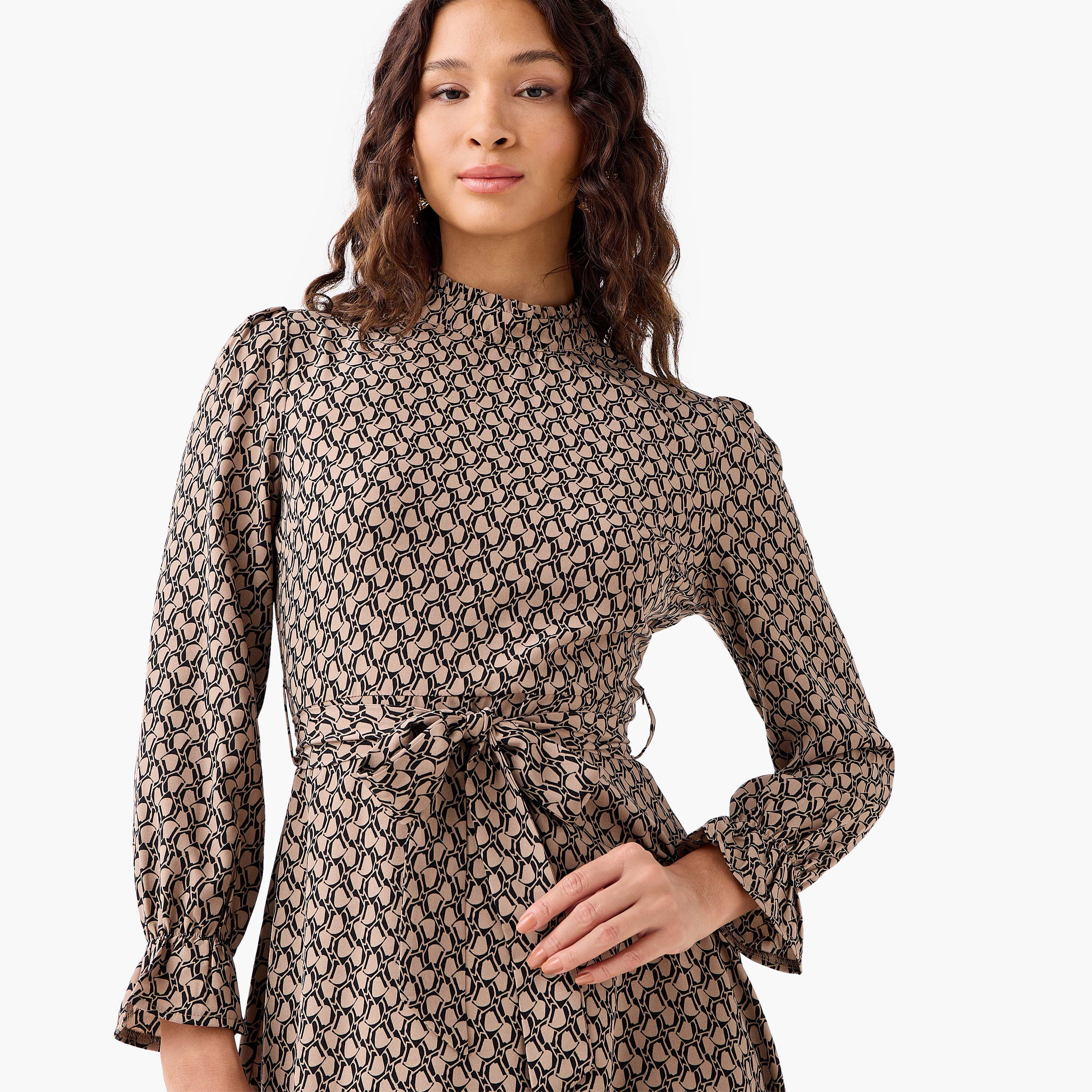 Abstract Print Mini Dress with High Neck and Tie-Up Belt-PROMO_SP_QA_BUNDLE_2FOR159_180925-image-5