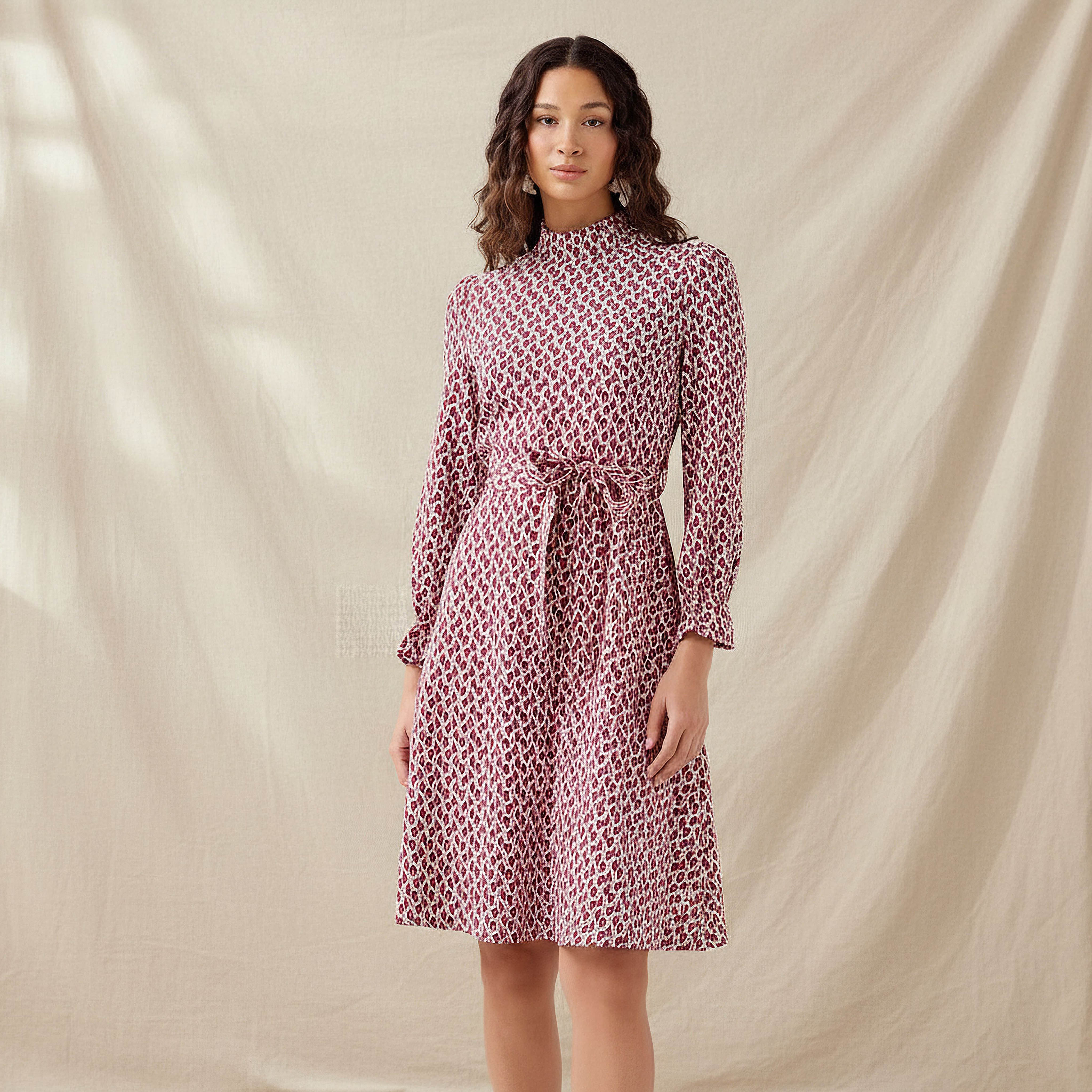 Abstract Print Mini Dress with High Neck and Tie-Up Belt-PROMO_SP_QA_BUNDLE_2FOR159_180925-image-1