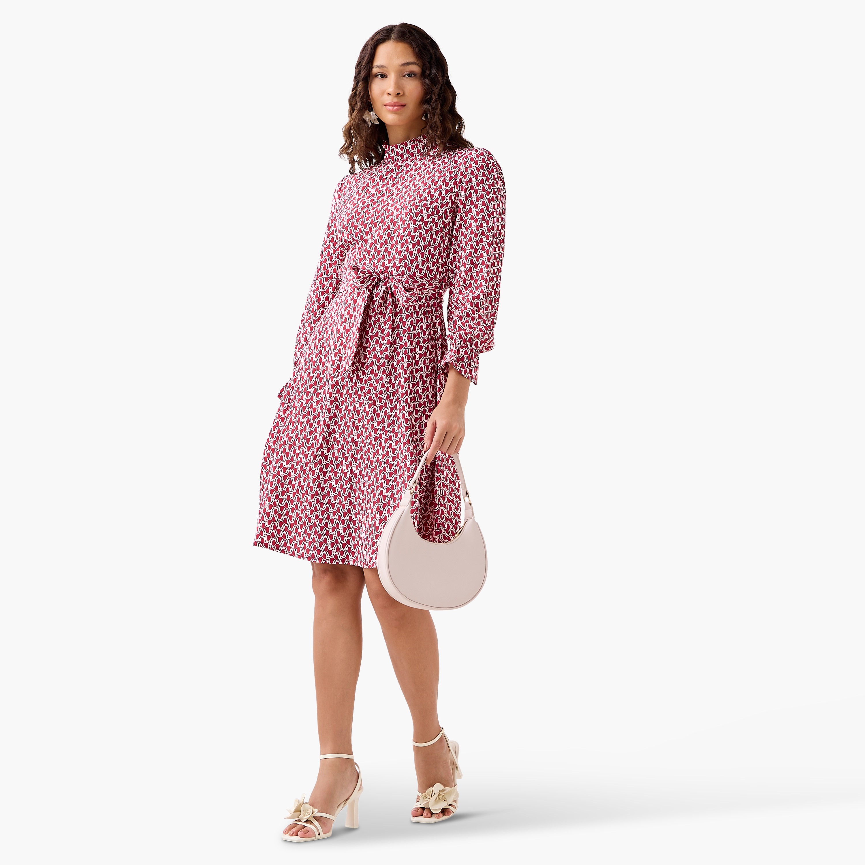 Abstract Print Mini Dress with High Neck and Tie-Up Belt-PROMO_SP_QA_BUNDLE_2FOR159_180925-image-2