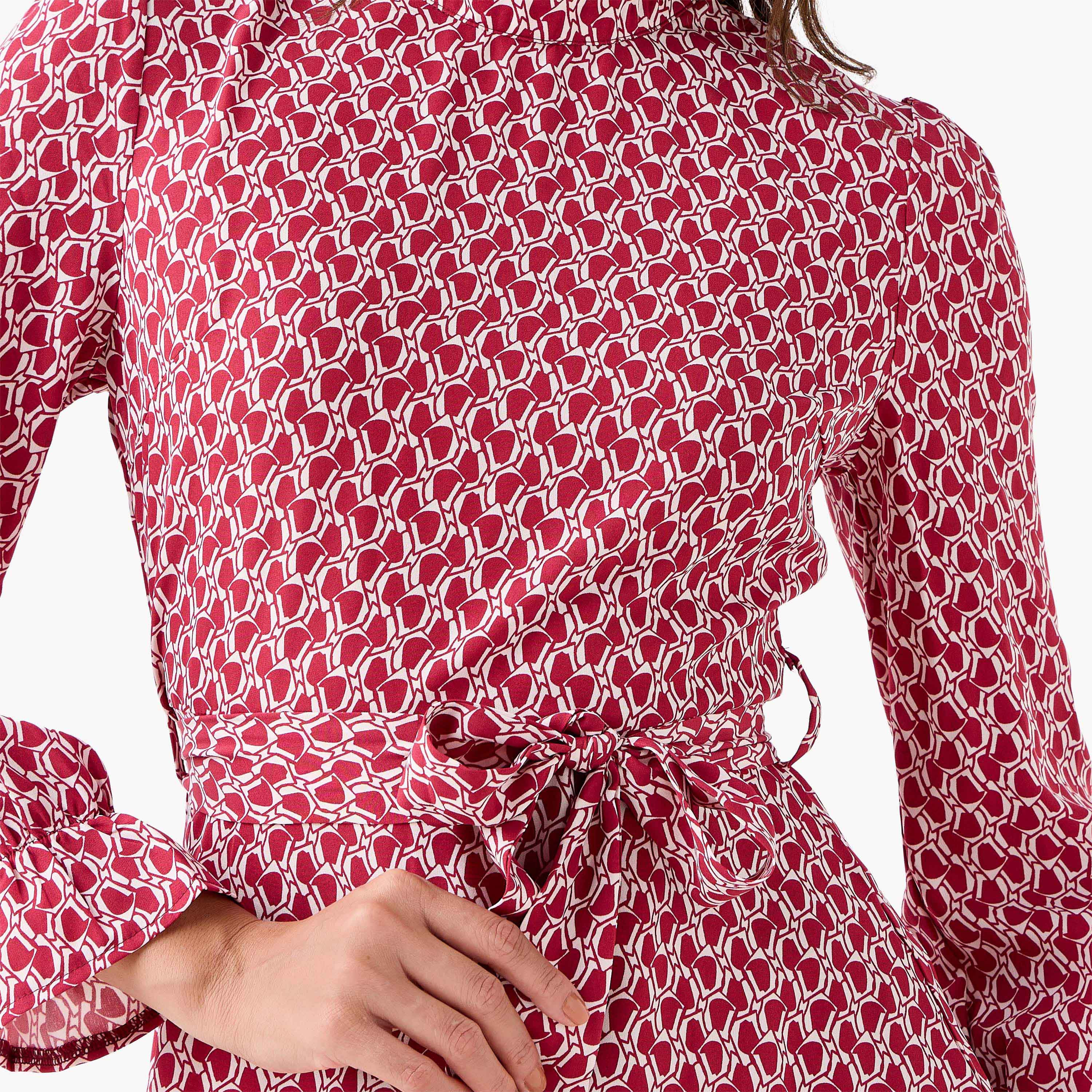 Abstract Print Mini Dress with High Neck and Tie-Up Belt-PROMO_SP_QA_BUNDLE_2FOR159_180925-image-4