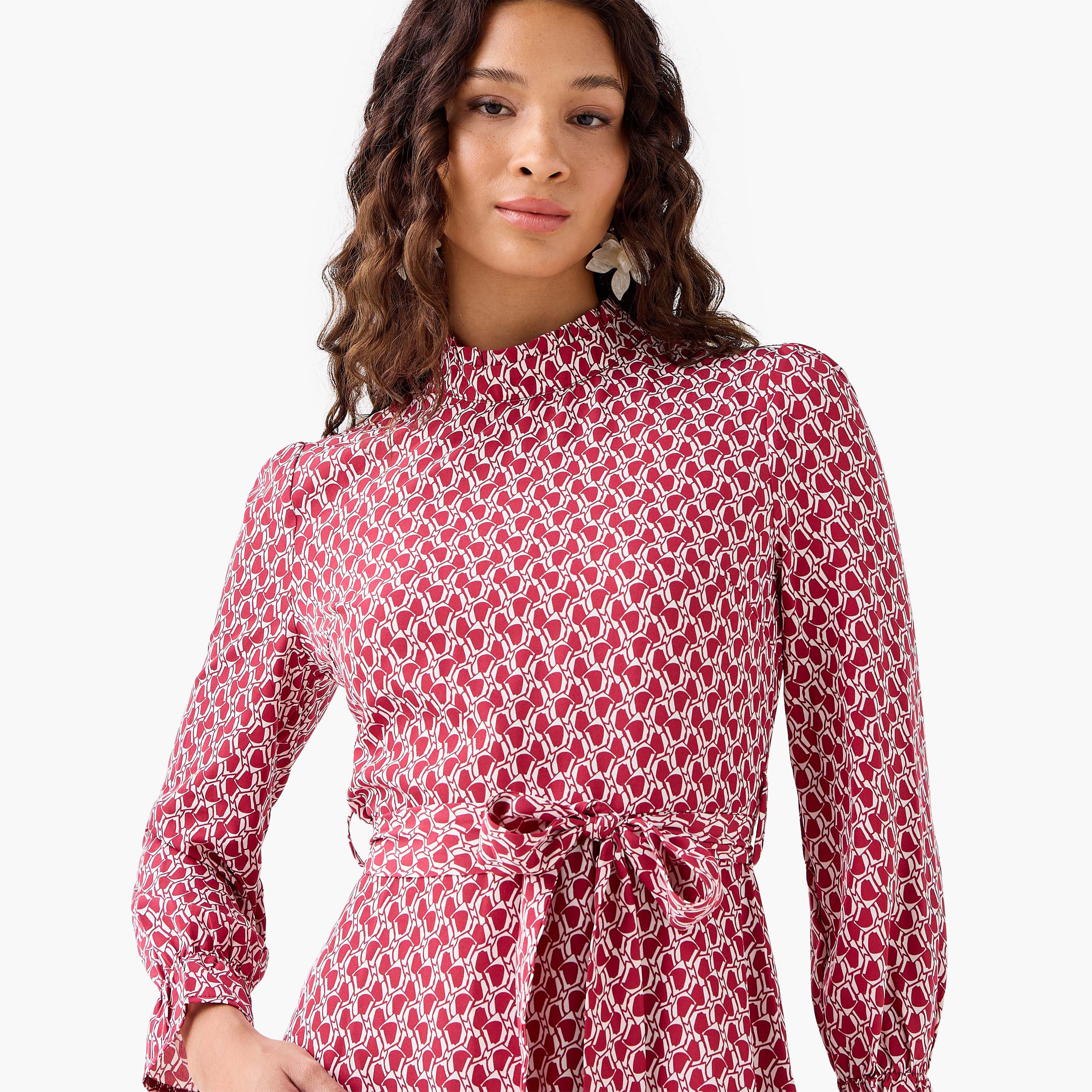 Abstract Print Mini Dress with High Neck and Tie-Up Belt-PROMO_SP_QA_BUNDLE_2FOR159_180925-image-5