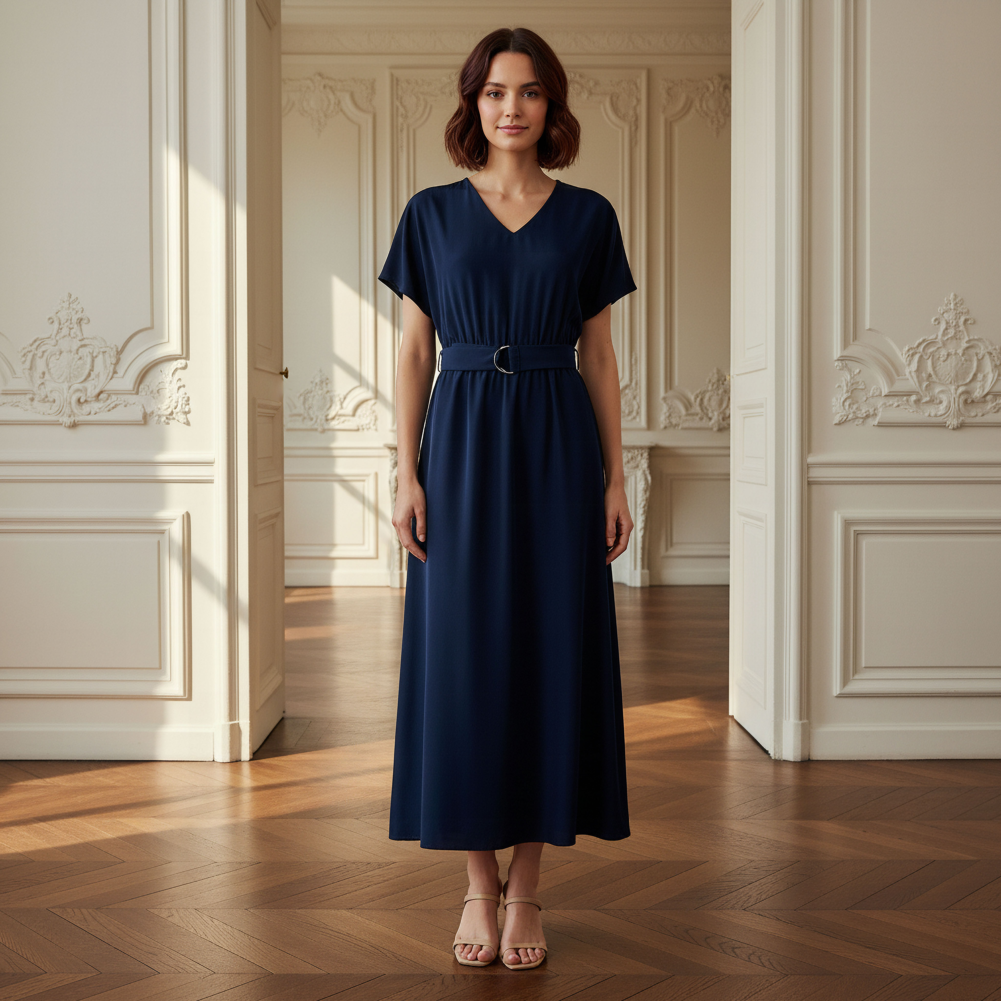 Belted Midi Dress with Short Sleeves and V-neck-women-clothing-dresses-image-1