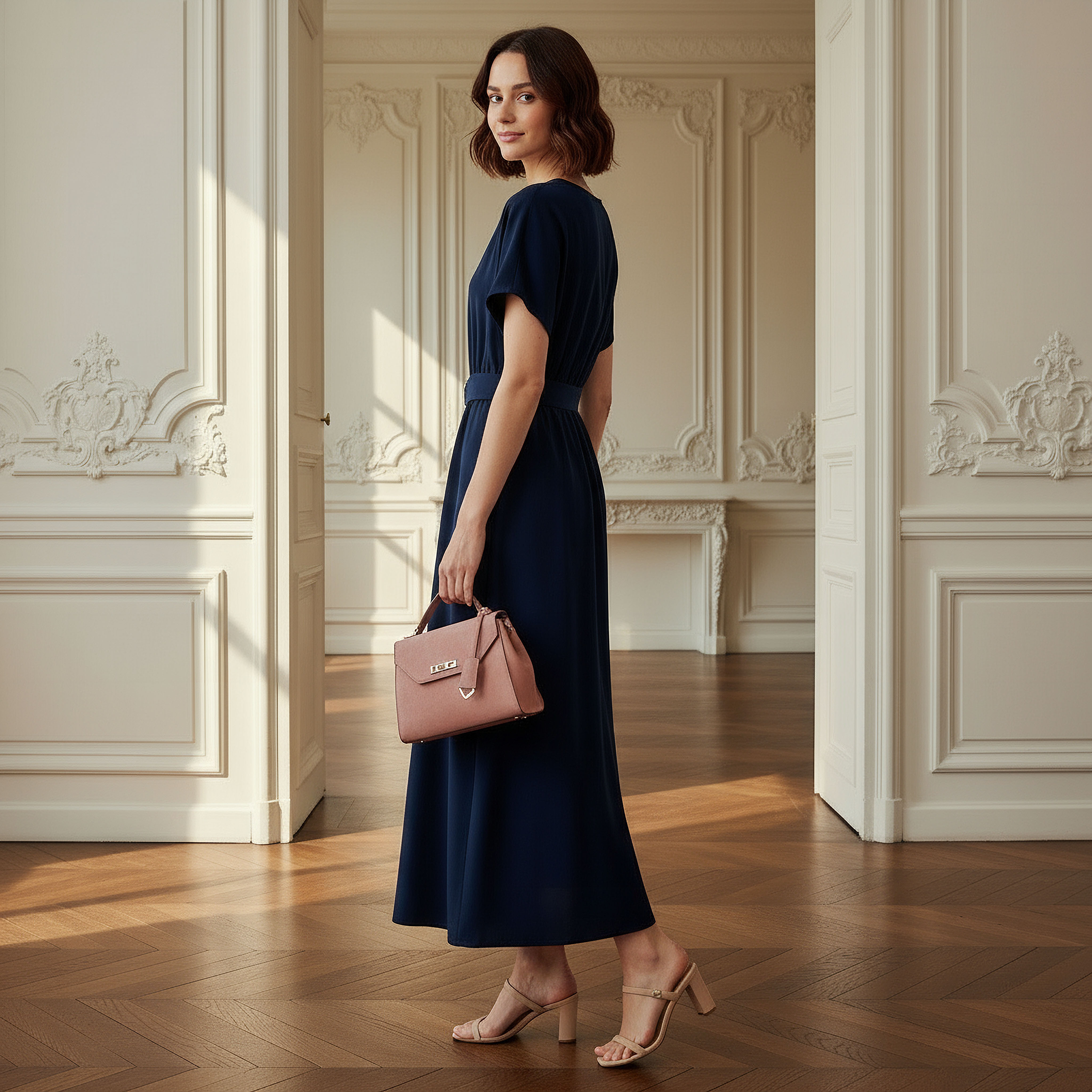Belted Midi Dress with Short Sleeves and V-neck-women-clothing-dresses-image-2