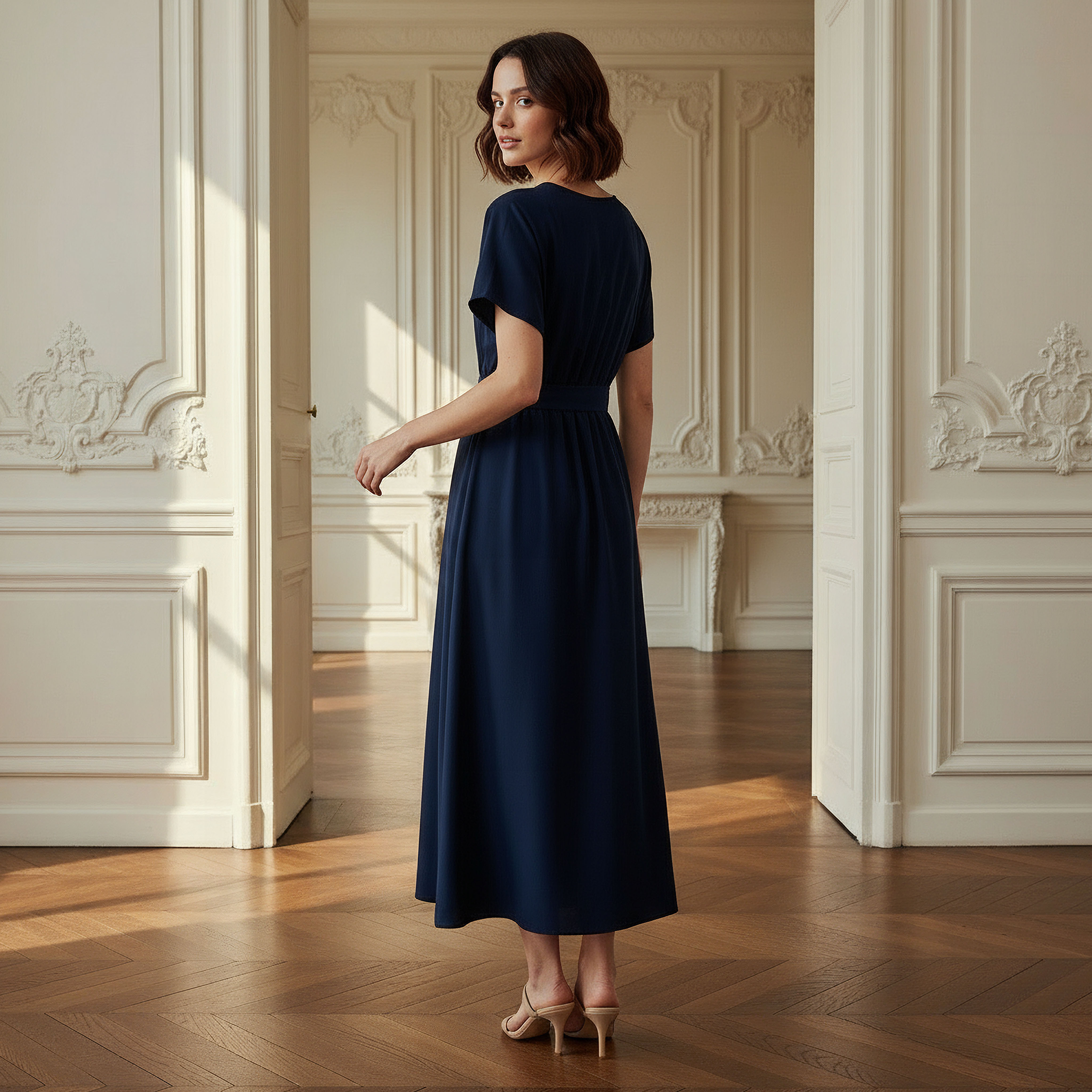 Belted Midi Dress with Short Sleeves and V-neck-women-clothing-dresses-image-3