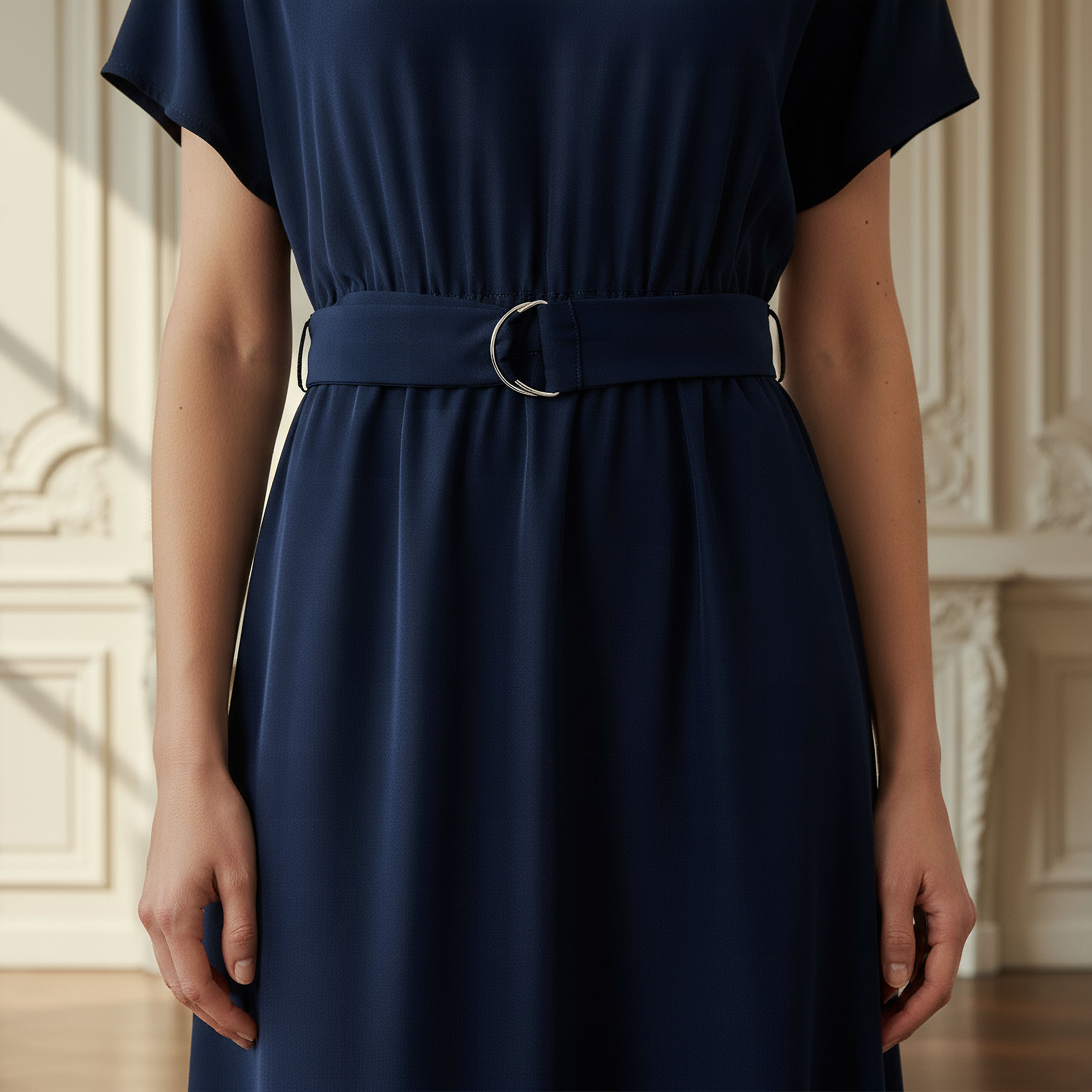 Belted Midi Dress with Short Sleeves and V-neck-women-clothing-dresses-image-4