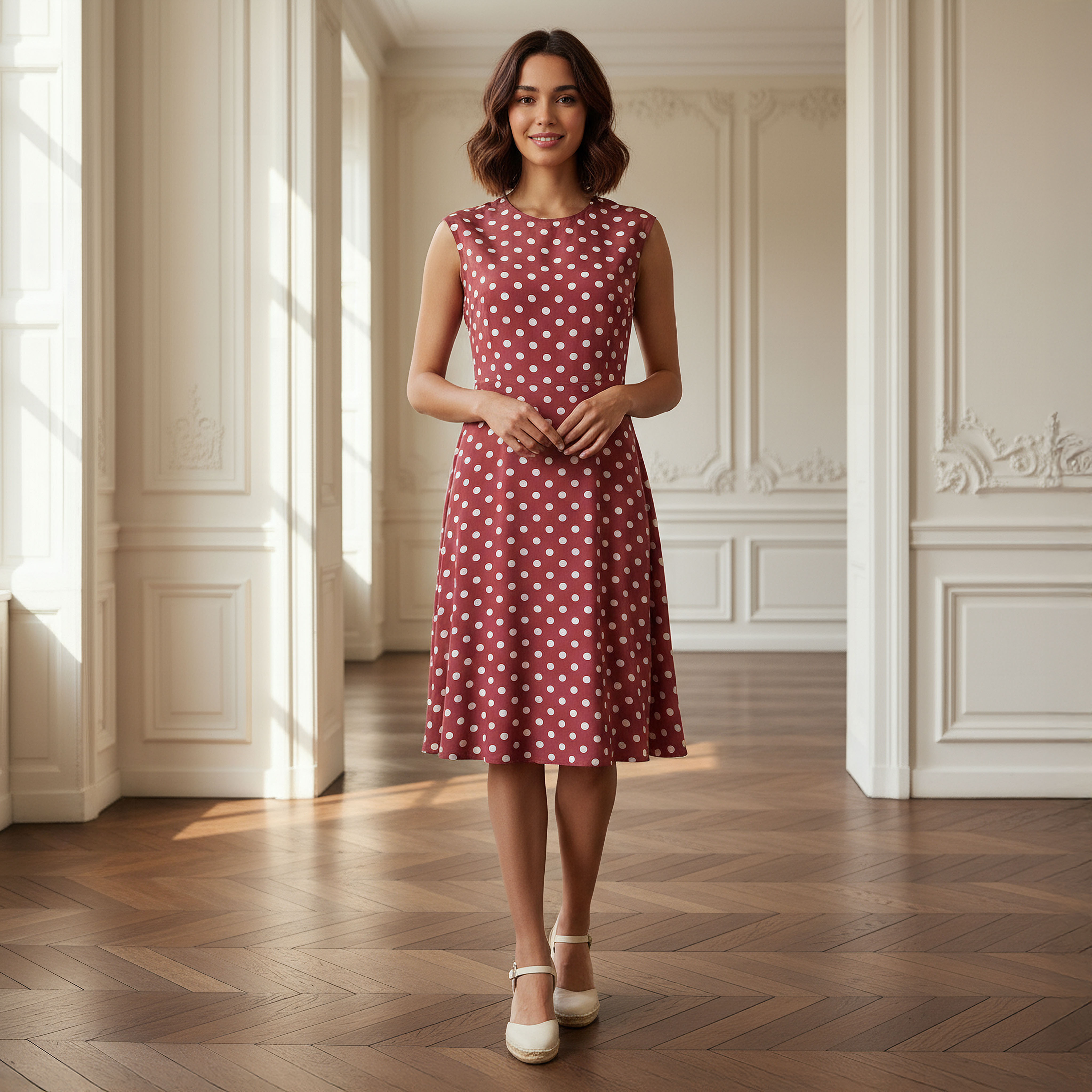 Polka Dot Print Sleeveless Knee length Dress with Crew Neck-women-clothing-dresses-image-1
