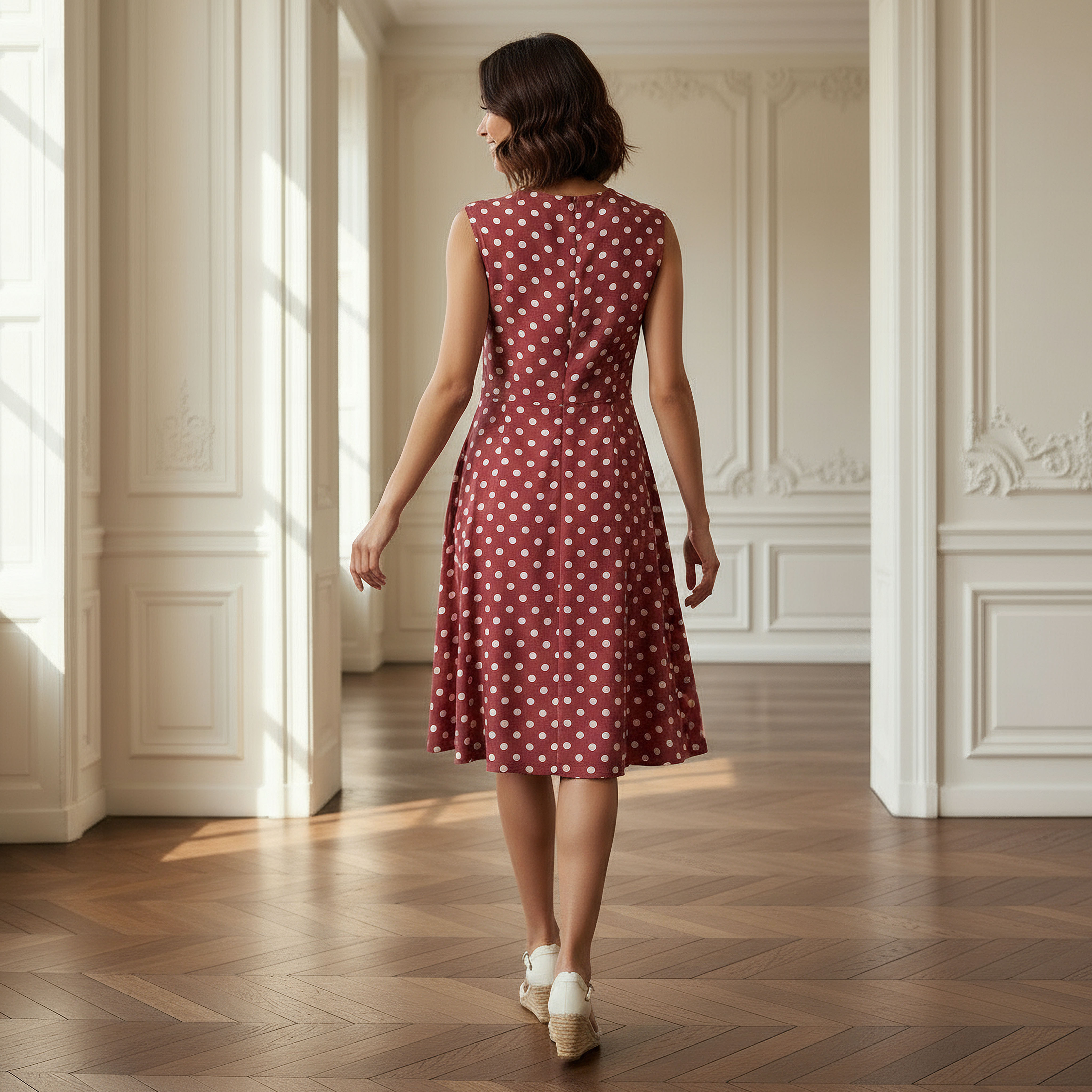 Polka Dot Print Sleeveless Knee length Dress with Crew Neck-women-clothing-dresses-image-3