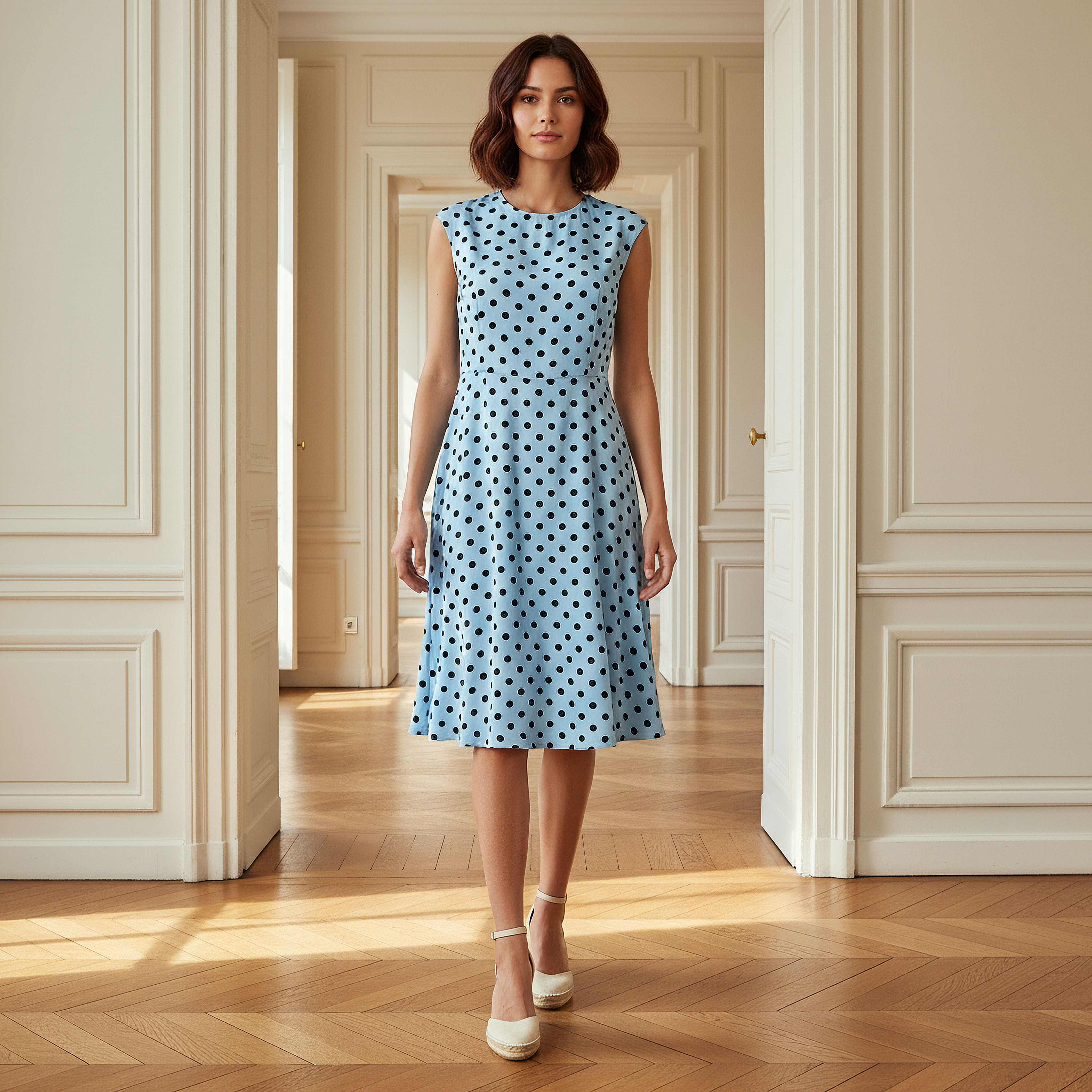 Polka Dot Print Sleeveless Knee length Dress with Crew Neck-women-clothing-dresses-image-1