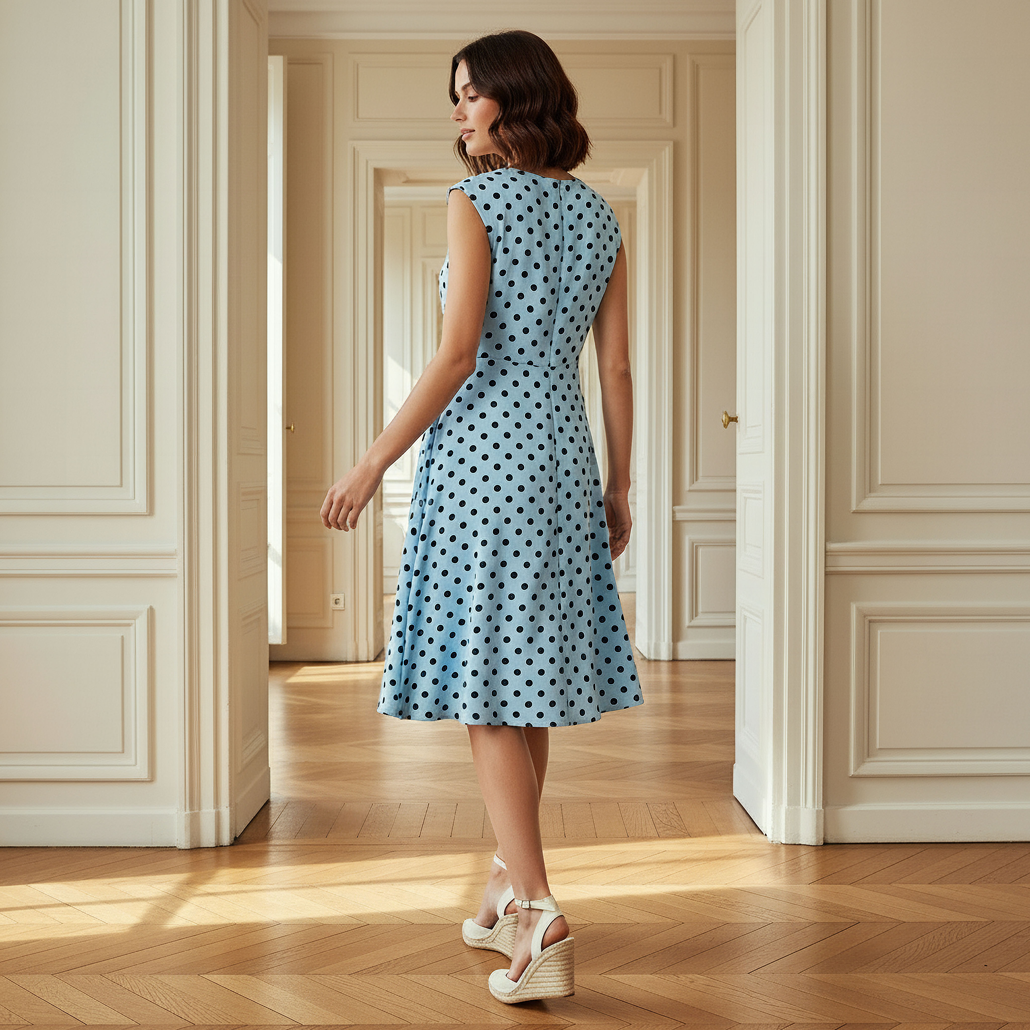 Polka Dot Print Sleeveless Knee length Dress with Crew Neck-women-clothing-dresses-image-3
