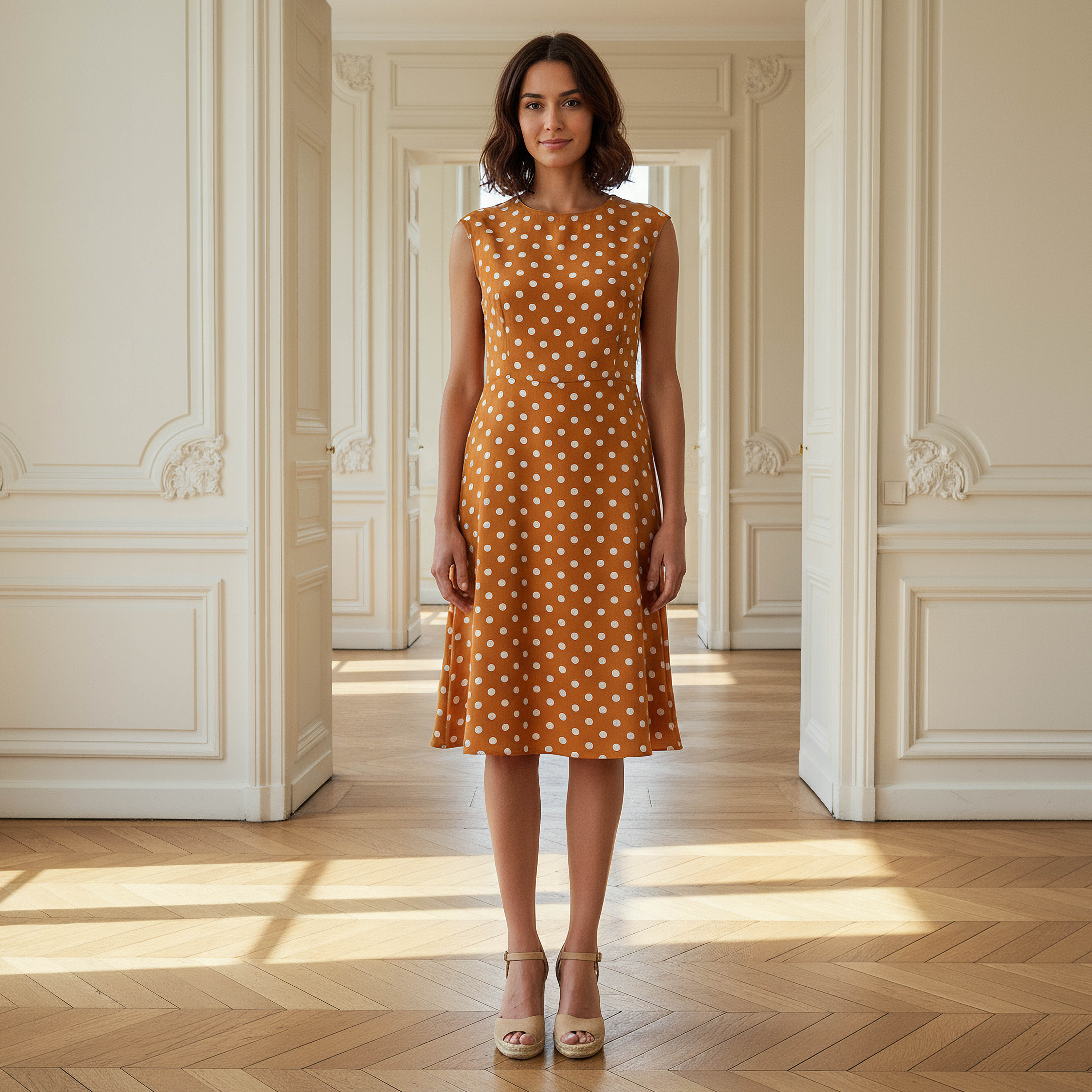 Polka Dot Print Sleeveless Knee length Dress with Crew Neck-women-clothing-dresses-image-1
