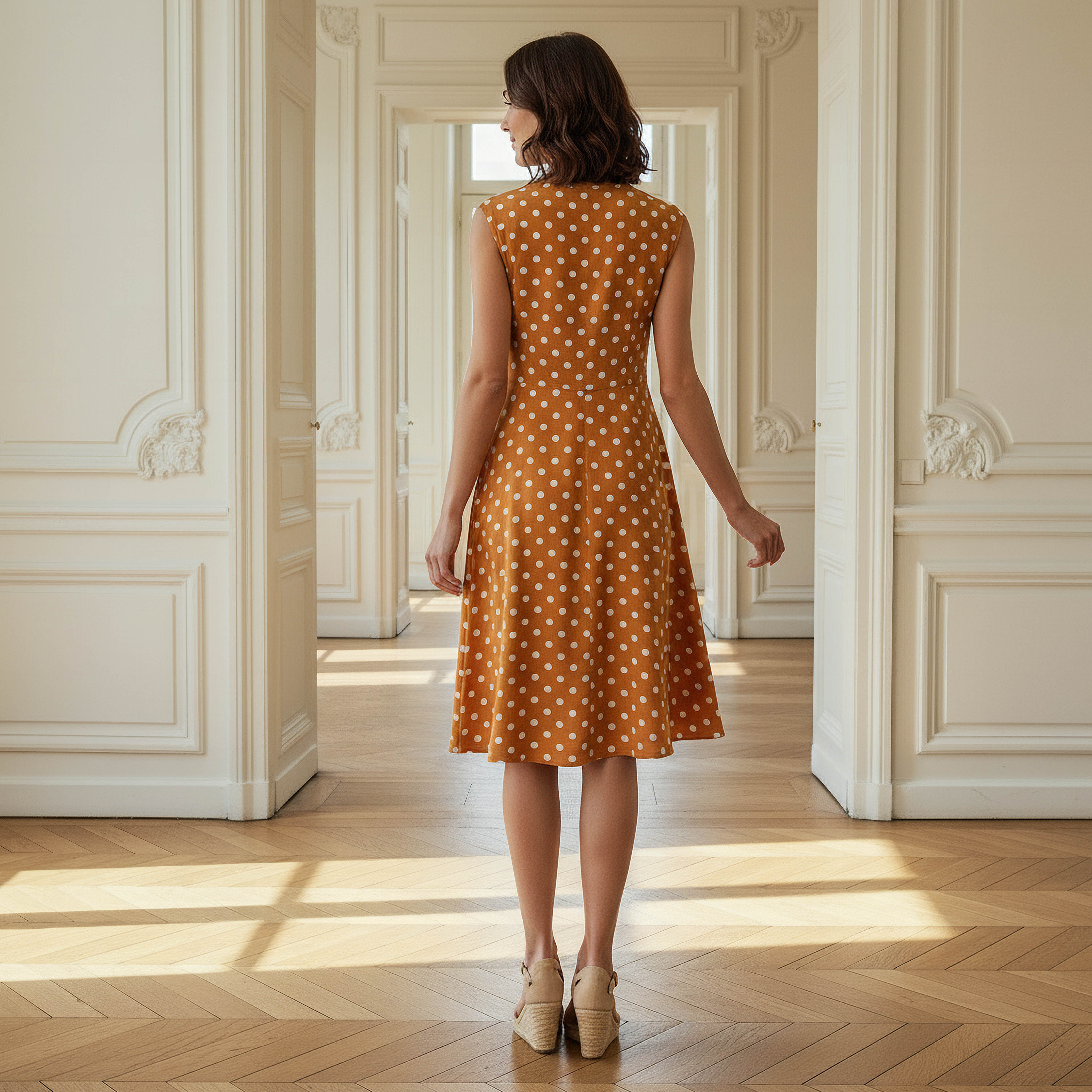 Polka Dot Print Sleeveless Knee length Dress with Crew Neck-women-clothing-dresses-image-3